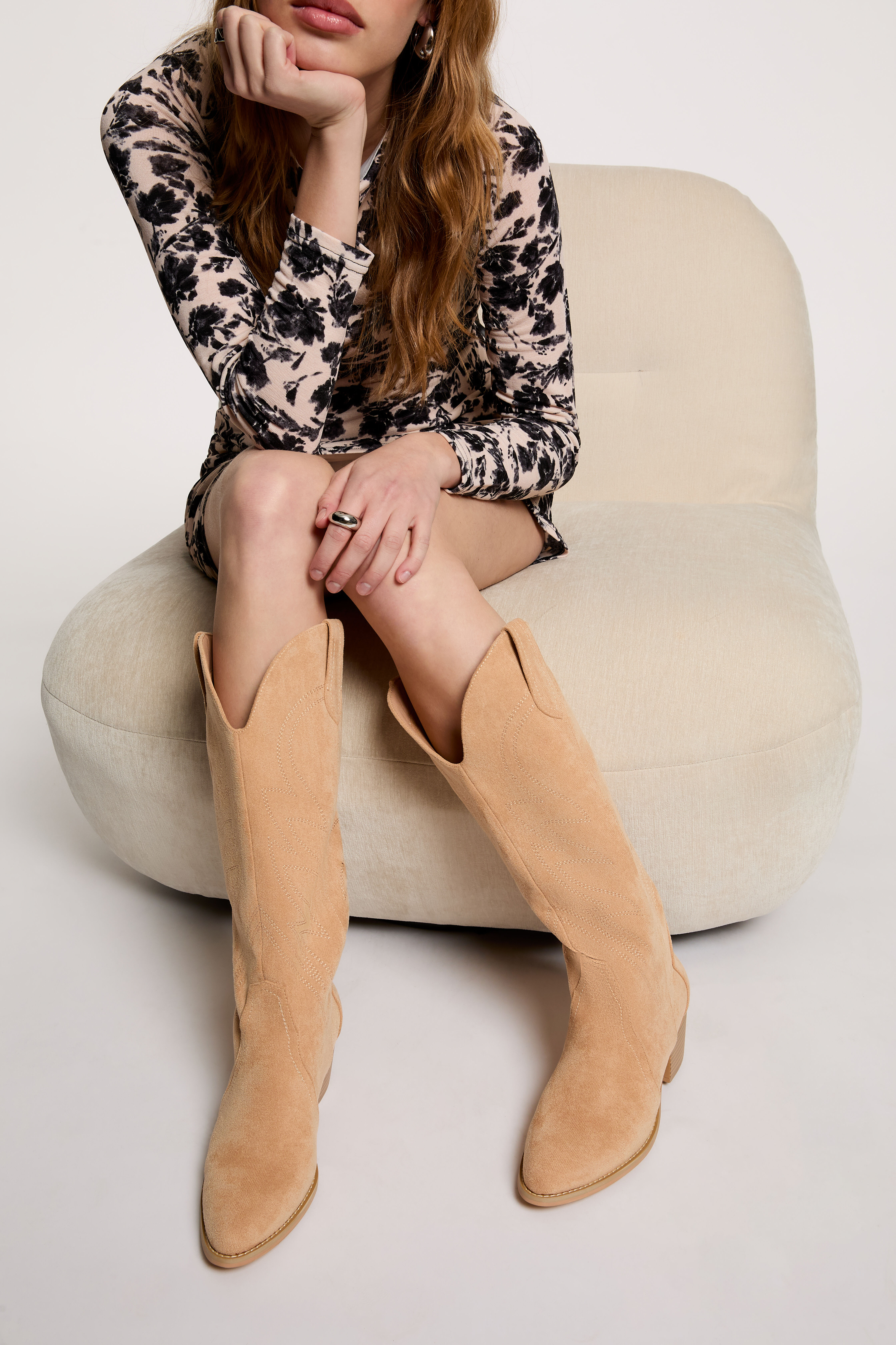 Suede Western Boots Beige Women