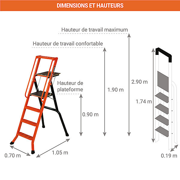 Escabeau 4 marches - Hauteur de travail max. 2,90m - Marches caillebotis - 201960