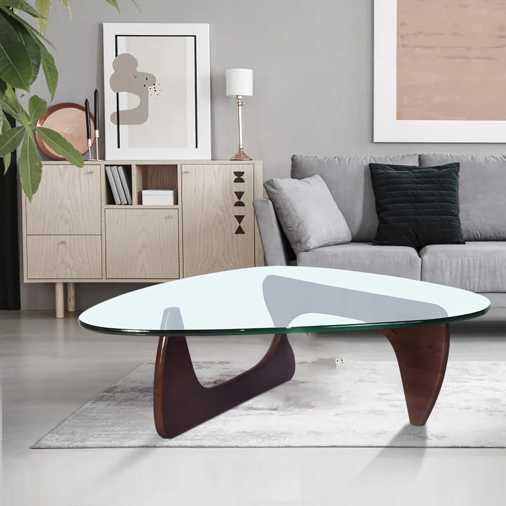 Modern Triangle coffee table,0.75Clear Glass Top and Solid Wood Base