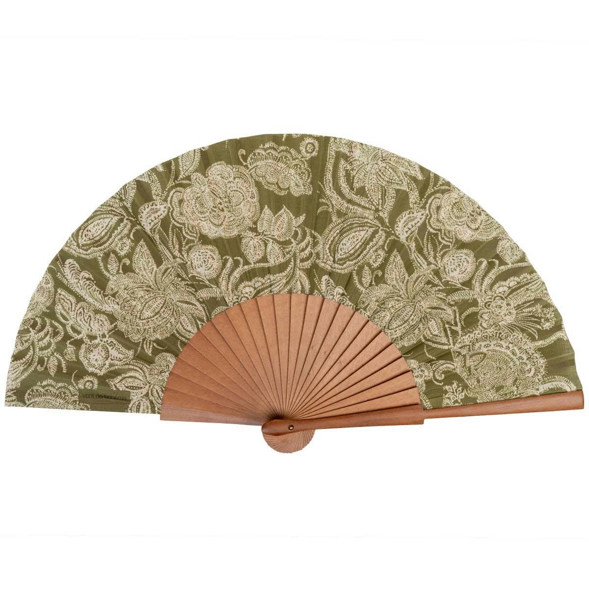 - Éventail en bois de merisier et coton imprimé fleuri kaki