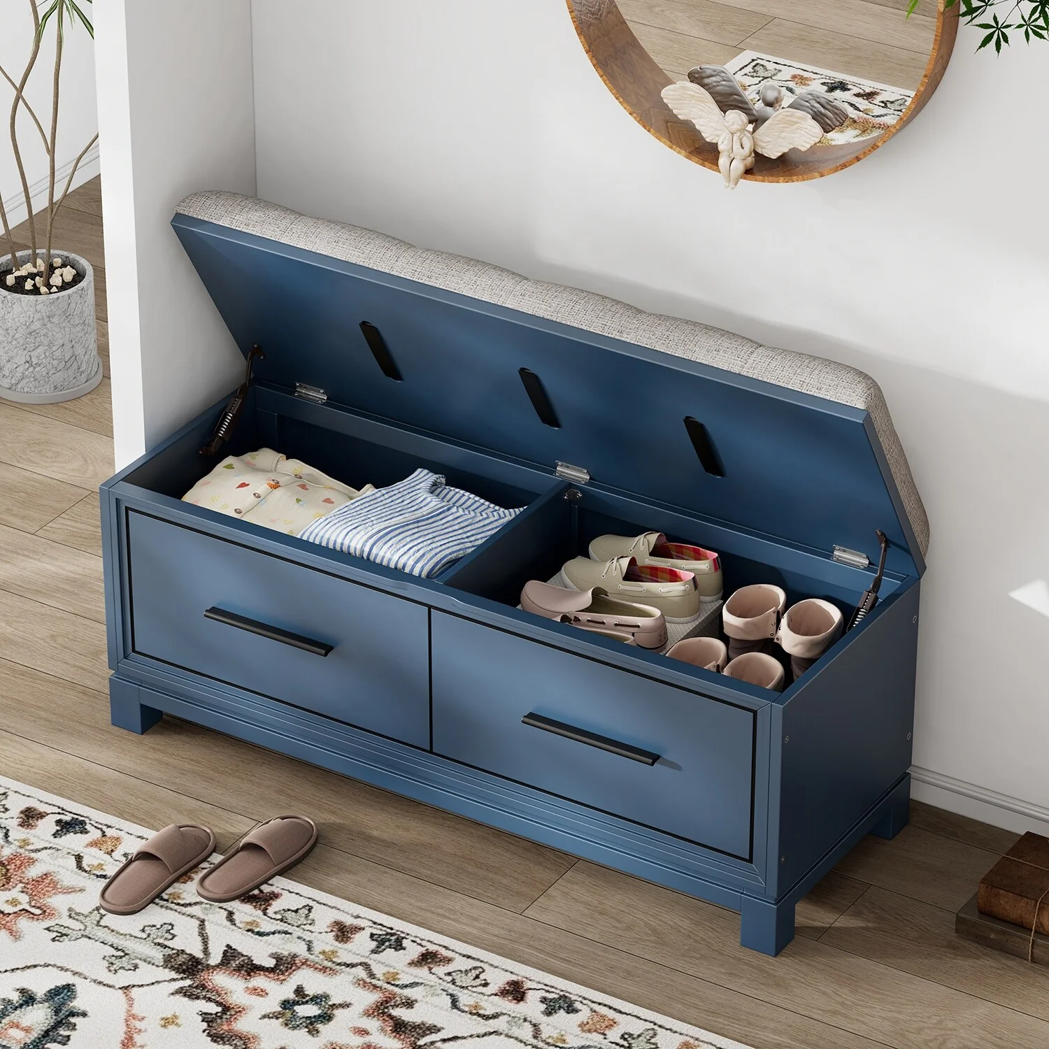 Shoe Bench with Removable Cushion, Entryway Bench with Hidden Storage