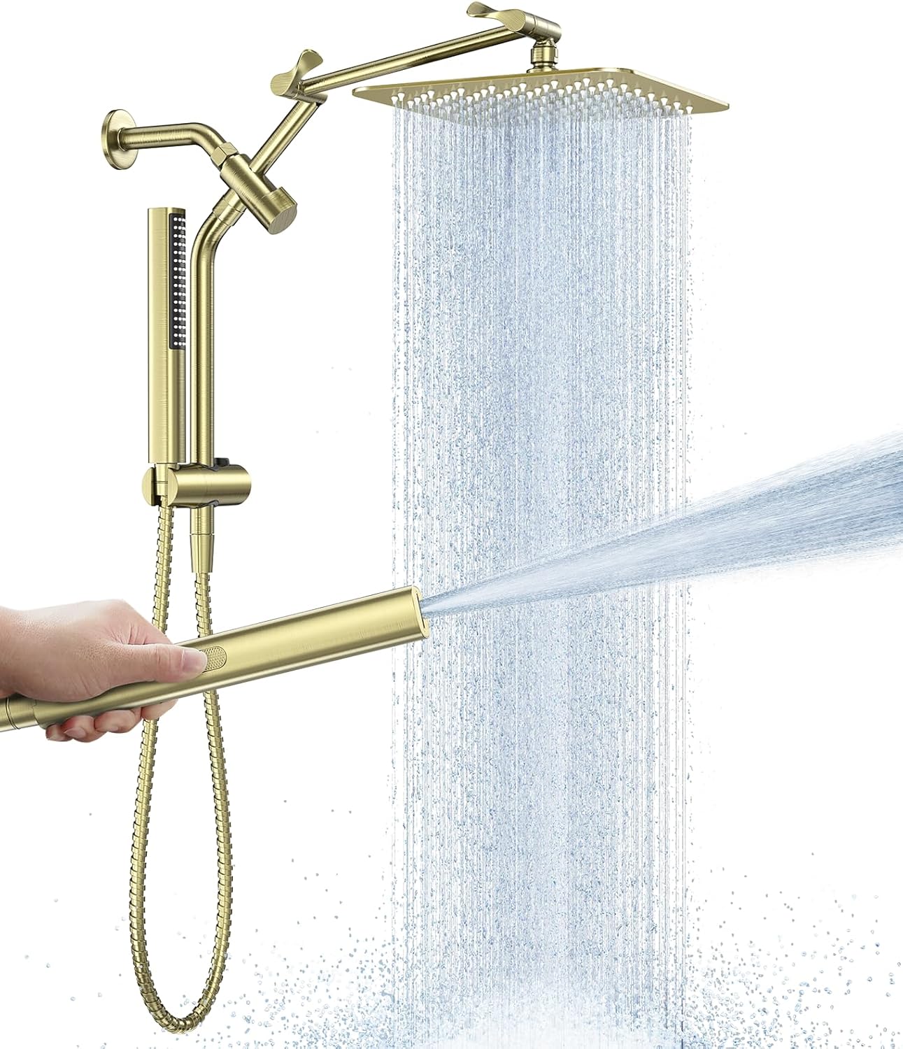 Veken All Metal 10 Brushed Gold Shower Head with Handheld, Luxurious Square Double Rain Shower Heads with Spray Combo, Dual High Pressure Detachable Rainfall Showerhead with Extension Arm, Long Hose