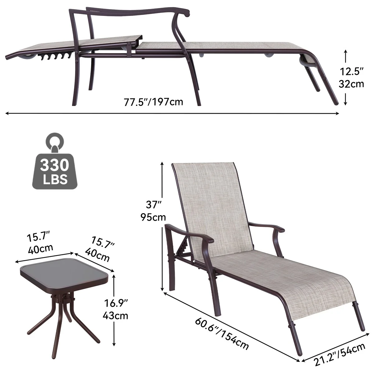 Outdoor Recliner With Side Table And 5 Adjustable Positions (Set Of 2) - N/A