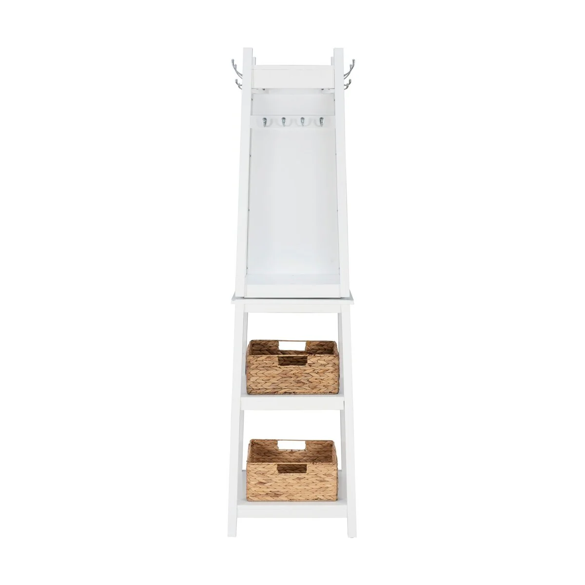 Coat Rack with Rotating Mirror and 2 Seagrass Baskets, White