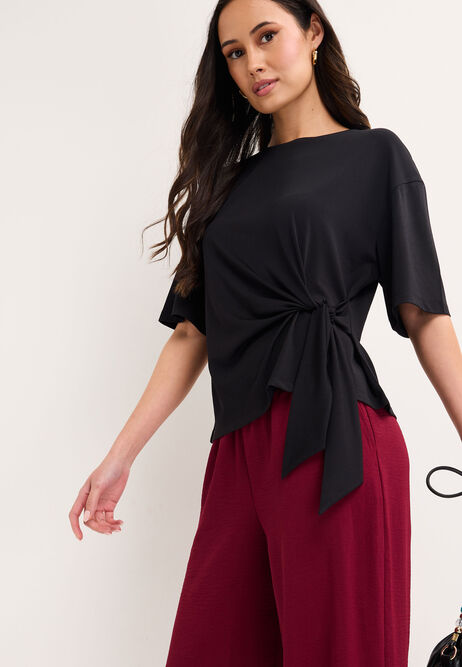 Womens Black Side Tie Short Sleeved T-Shirt Top