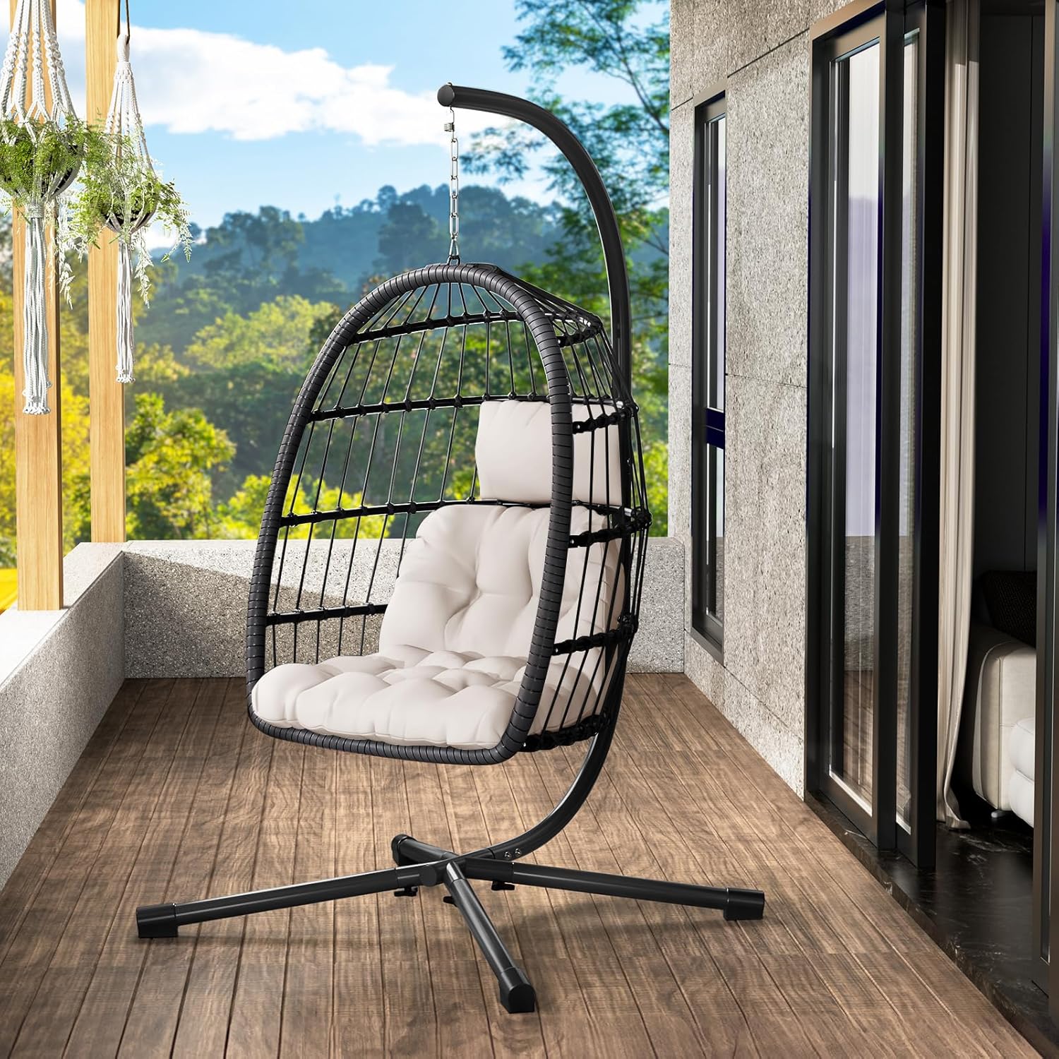 LEVELEVE Egg Chair with Stand,Patio Rattan Wicker Hanging Swing Egg Chair Hammock Chair for Bedroom Porch Garden,Thickened Aluminum Alloy Steel Frame and UV Resistant Cushion,350LBS Capacity