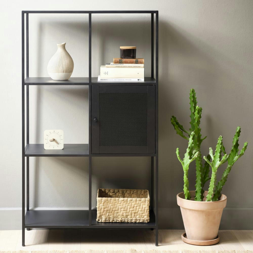 ABEL - Bibliothèque 1 porte, 5 niches en métal H135cm noir