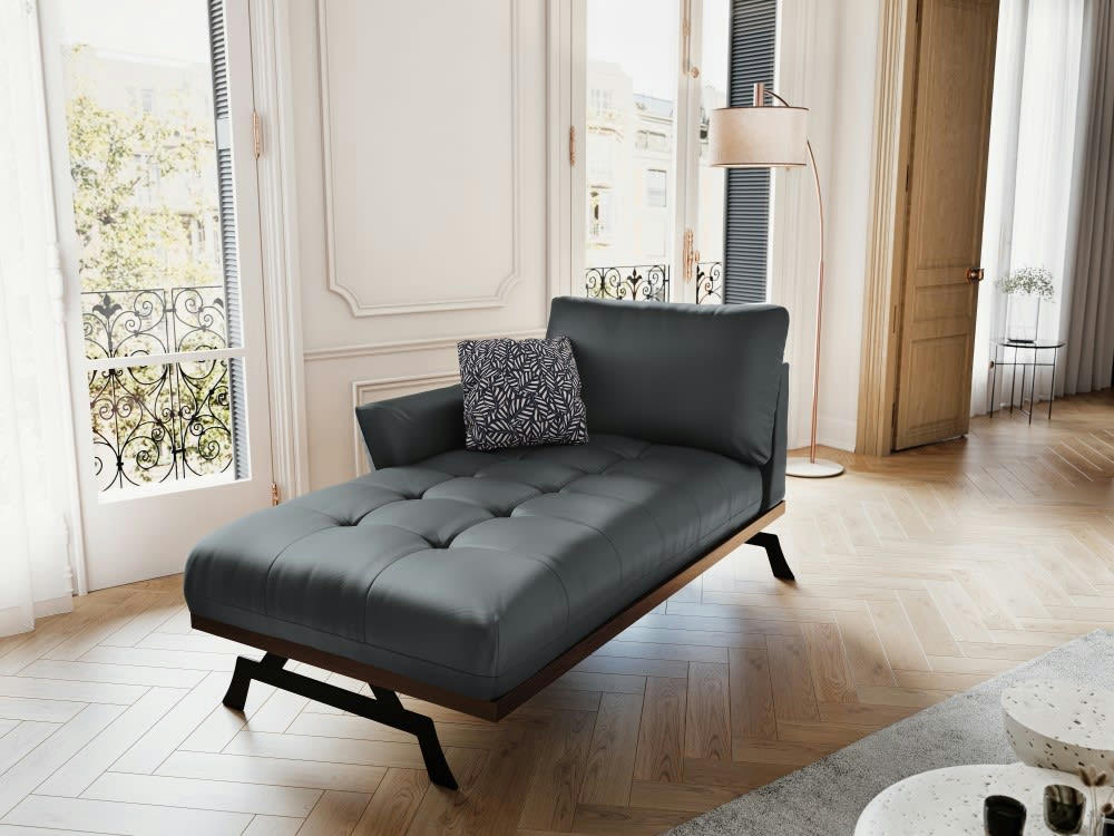 OLIVIER - Méridienne 1 place en cuir bleu gris