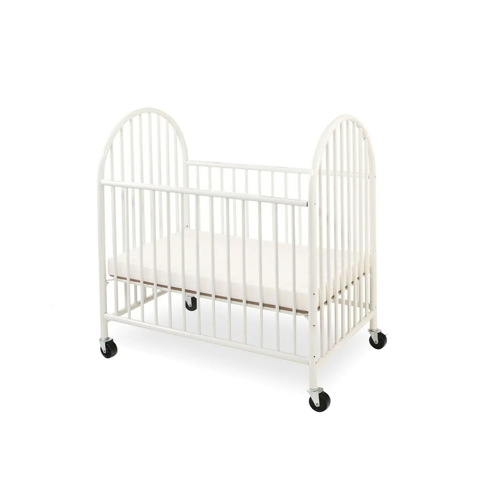 Slatted Metal Crib with Casters and Arched End Panel, White and Black