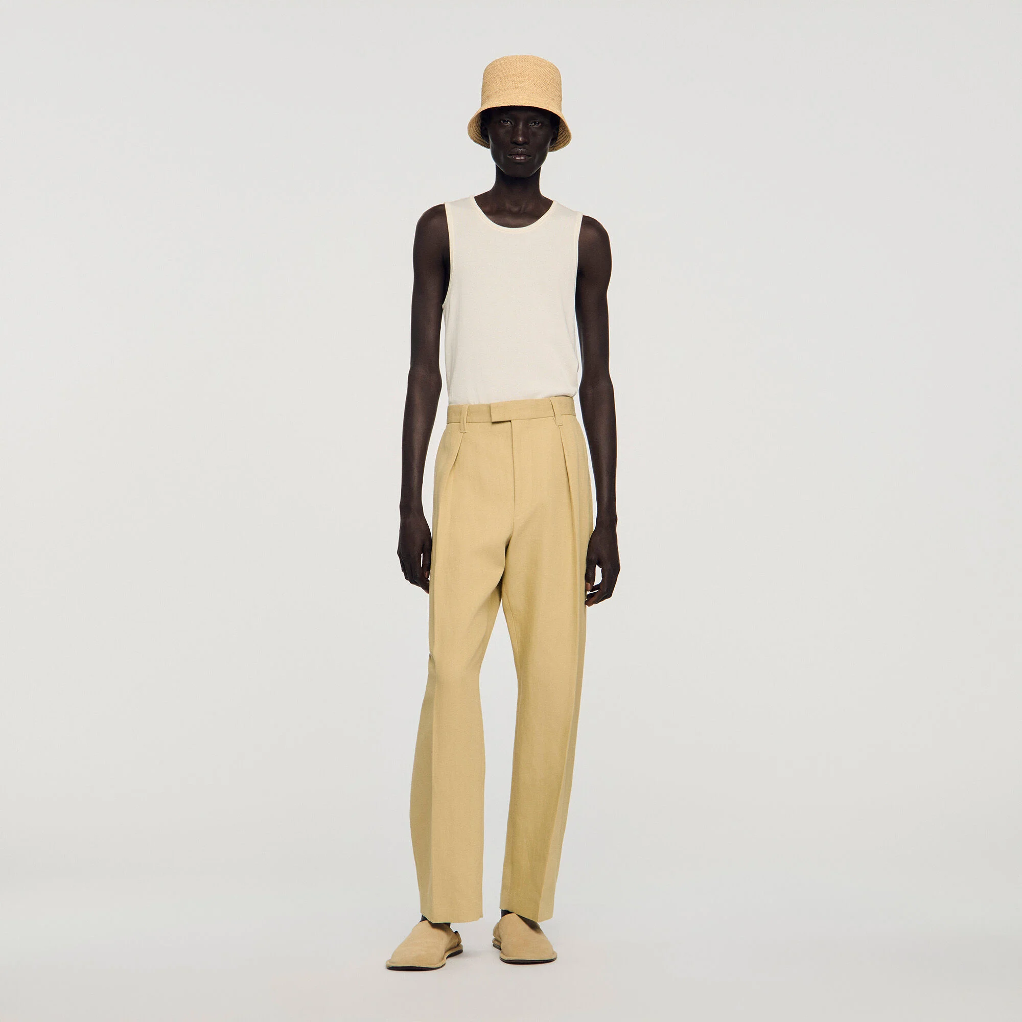 Pantalon large en coton et lin à pli