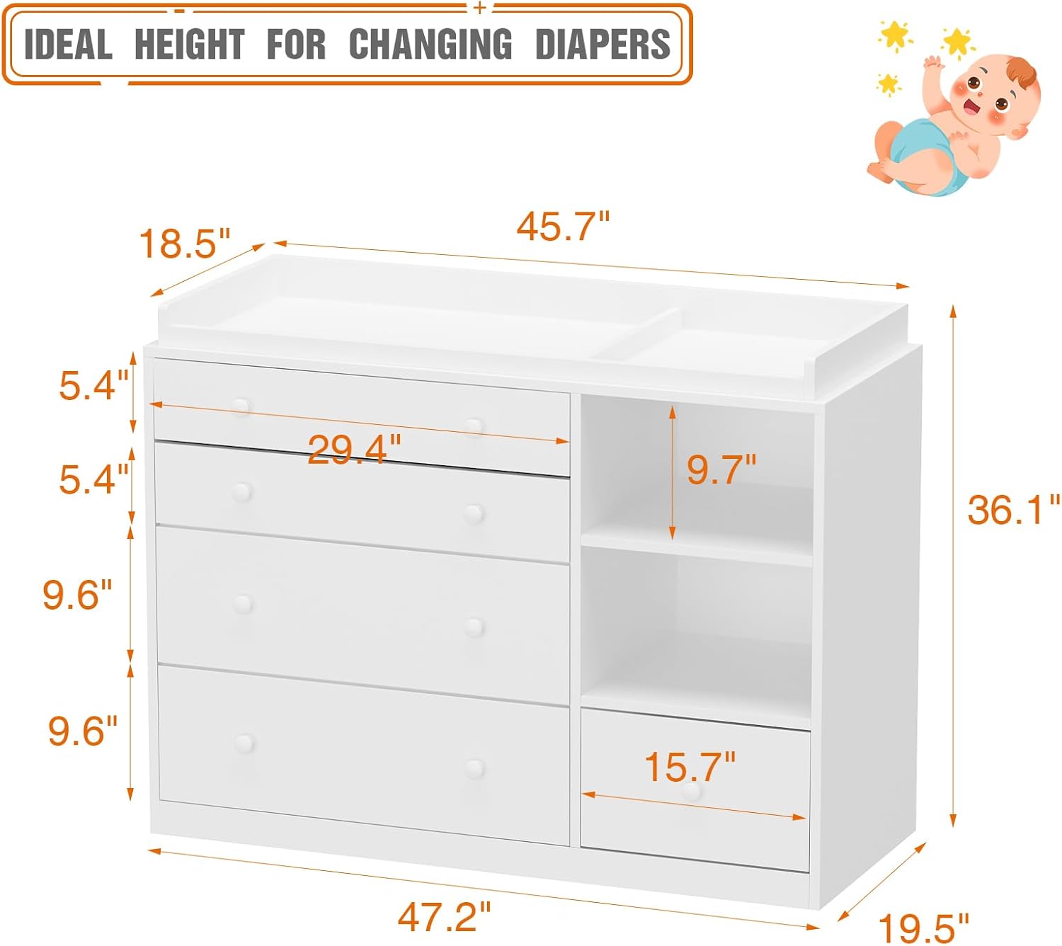 Timechee Changing Table Dresser, Baby Classic Nursery Dresser with 5 Drawers and 2 Shelves, Multi-Functional Baby Changing Table, Diaper Changing Station for Children's Room, White