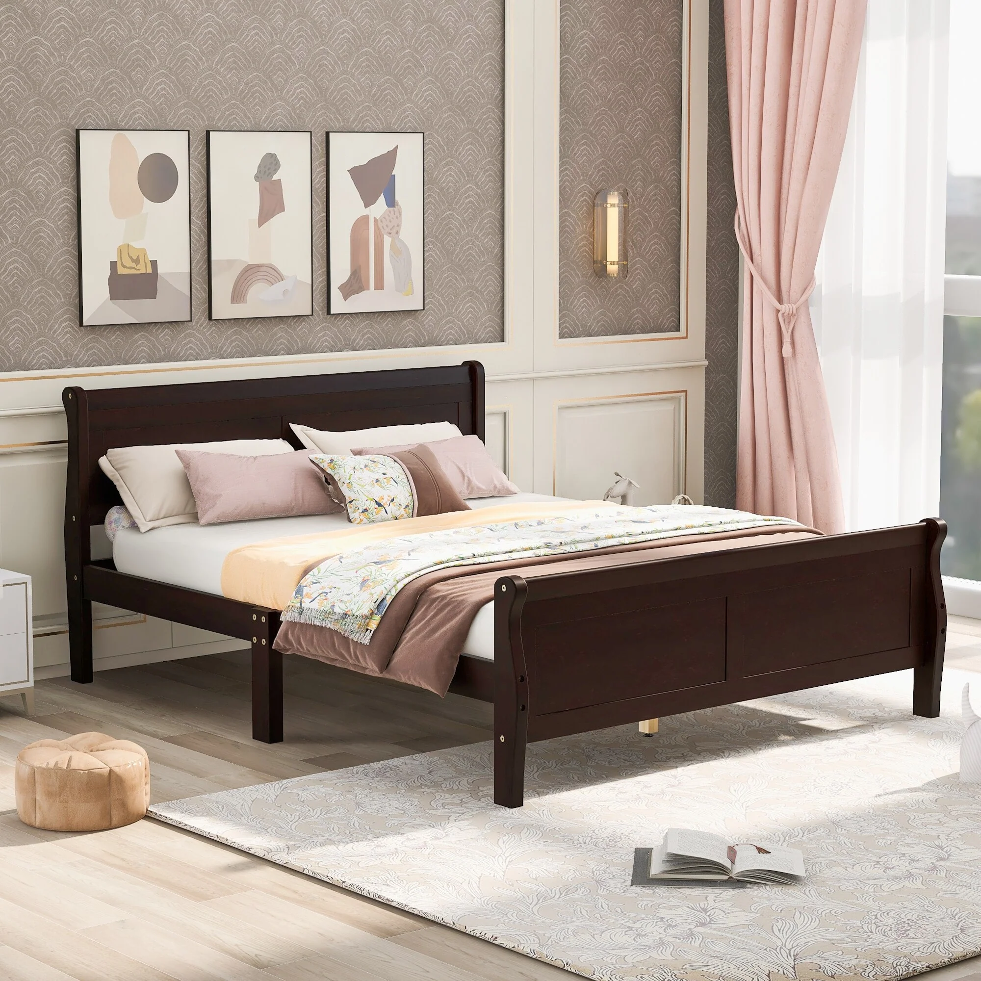 Wood Frame Platform Bed with Curved Headboard and Footboard