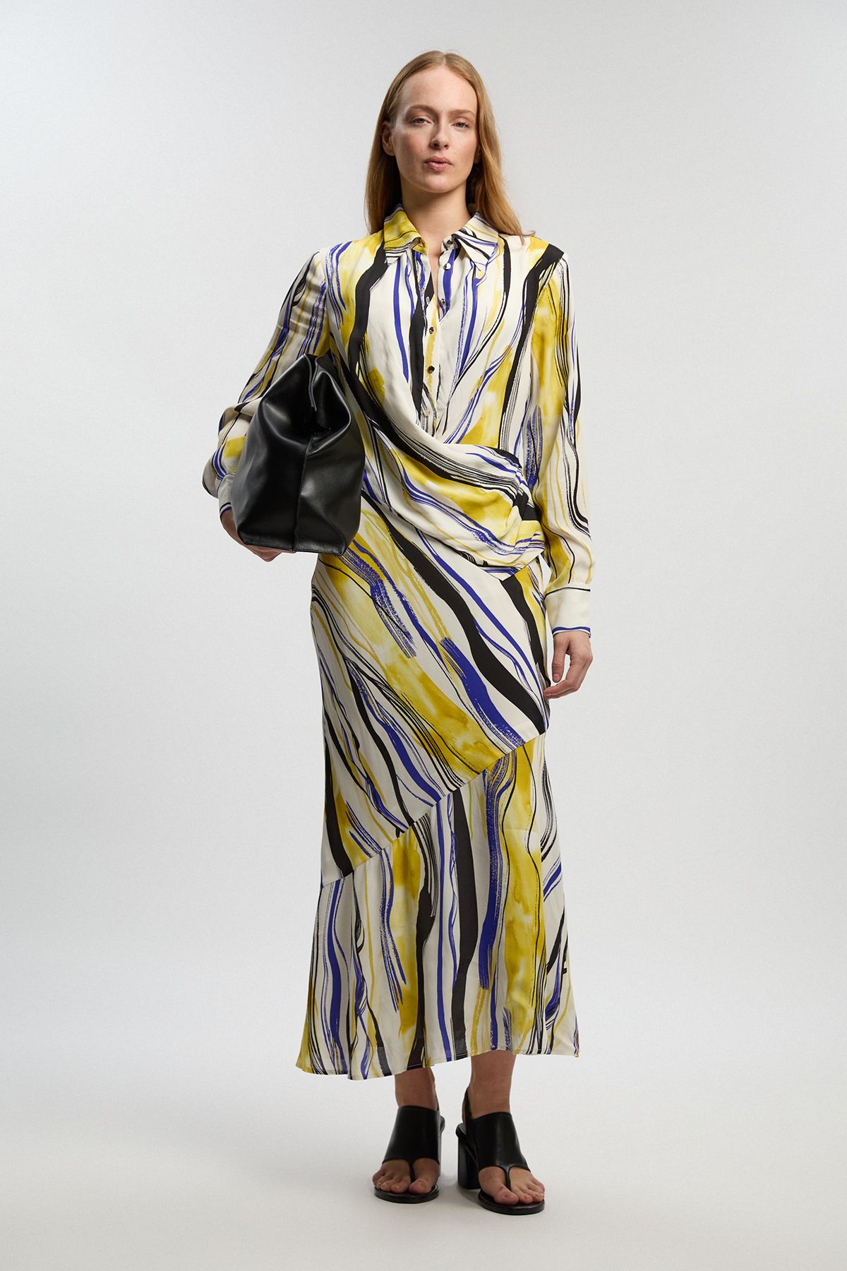 KarenMillen Petite Brush Stroke Print Twill Woven Maxi Shirt Dress