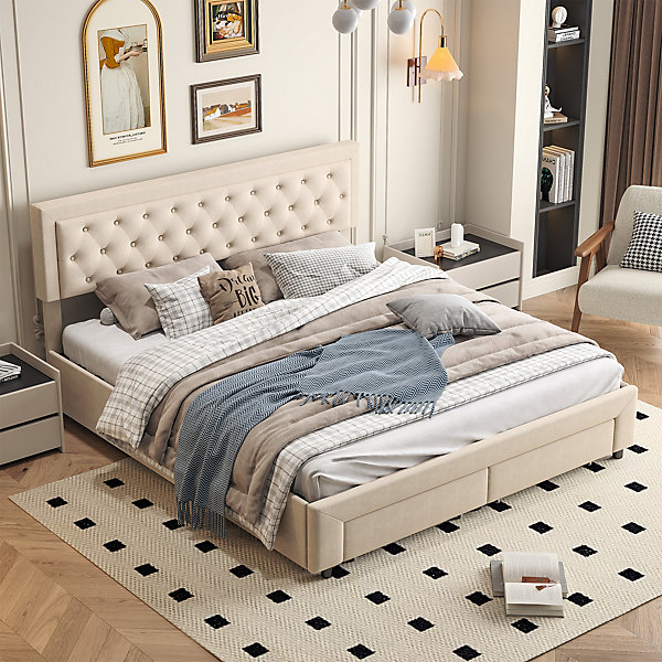 Lit coffre 160x200 avec 2 tiroirs, Lit rembourré avec sommier à lattes, tissu en velours et décoration de boutons, beige