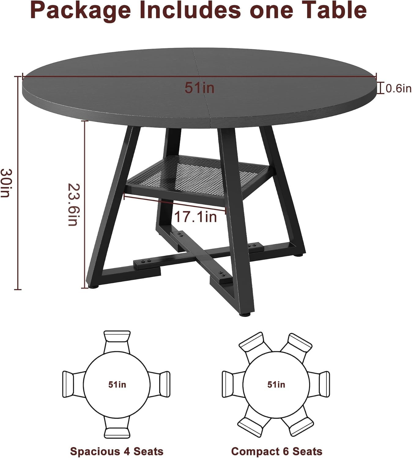 Jocoevol 51'' Round Dining Table,Kitchen Dining Room Circle Dinner Pedestal Table,Space Saving Wood Kitchen & Dining Room Furniture (Black, 51In)