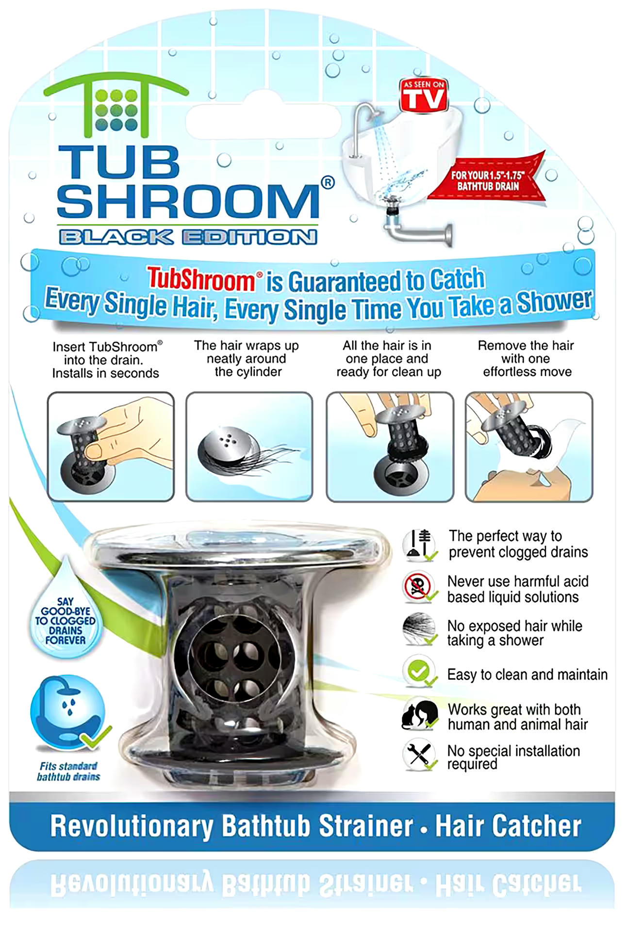 TubShroom Tub Drain Hair Catcher, Black