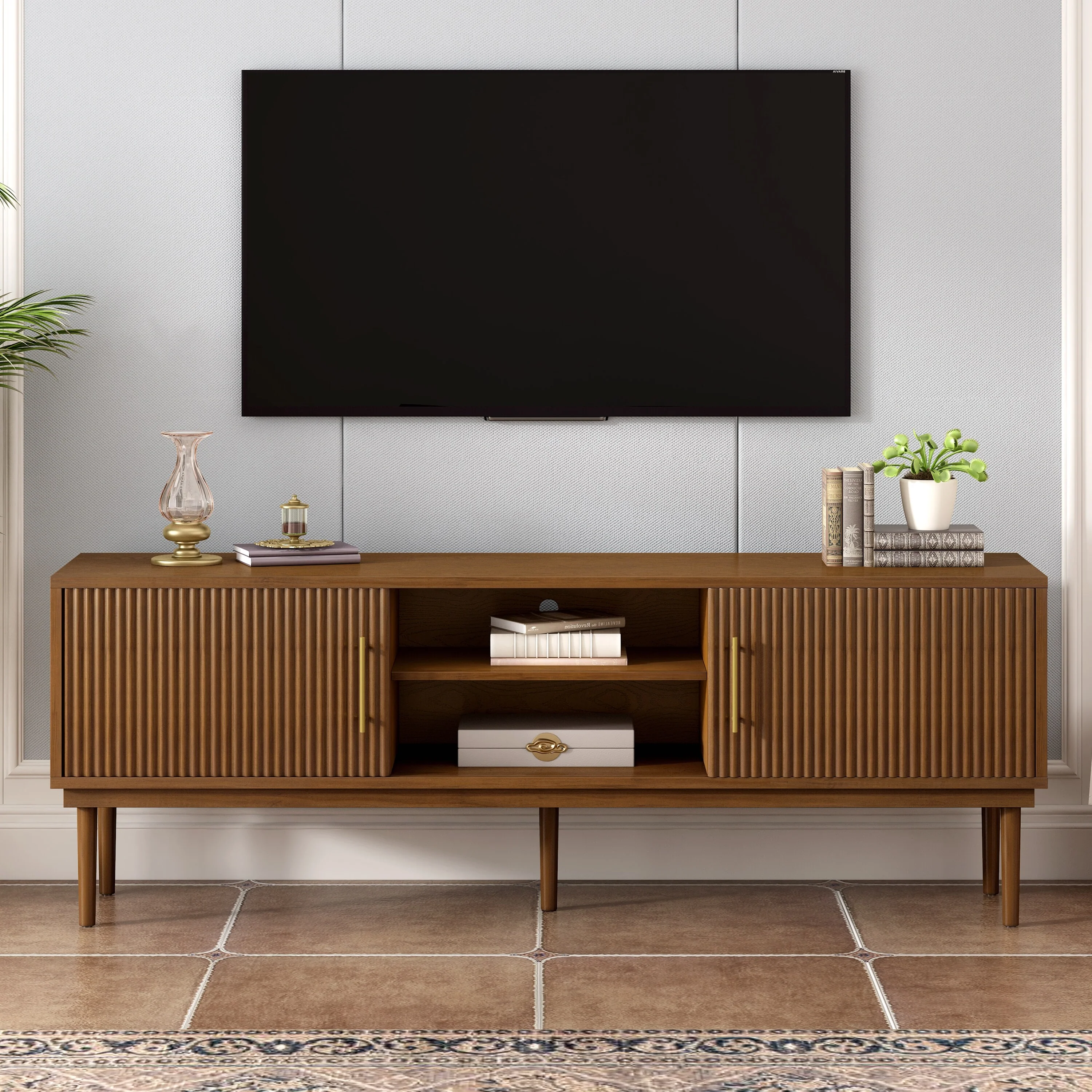 74.90 Wood TV Stand, Sliding Doors Media Cabinet with Gold Metal Handle, Media Console Table with Solid Wood Legs