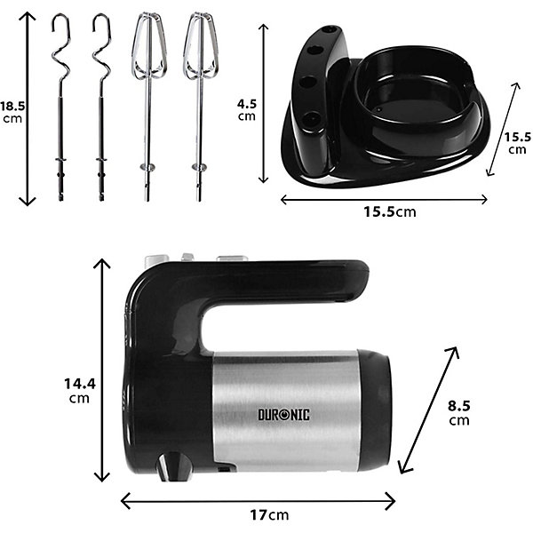 HM3 Batteur électrique à main 300W 5 vitesses Fonction turbo 2 batteurs 2 crochets Rangement intégré Pâtisserie gâteaux Duronic