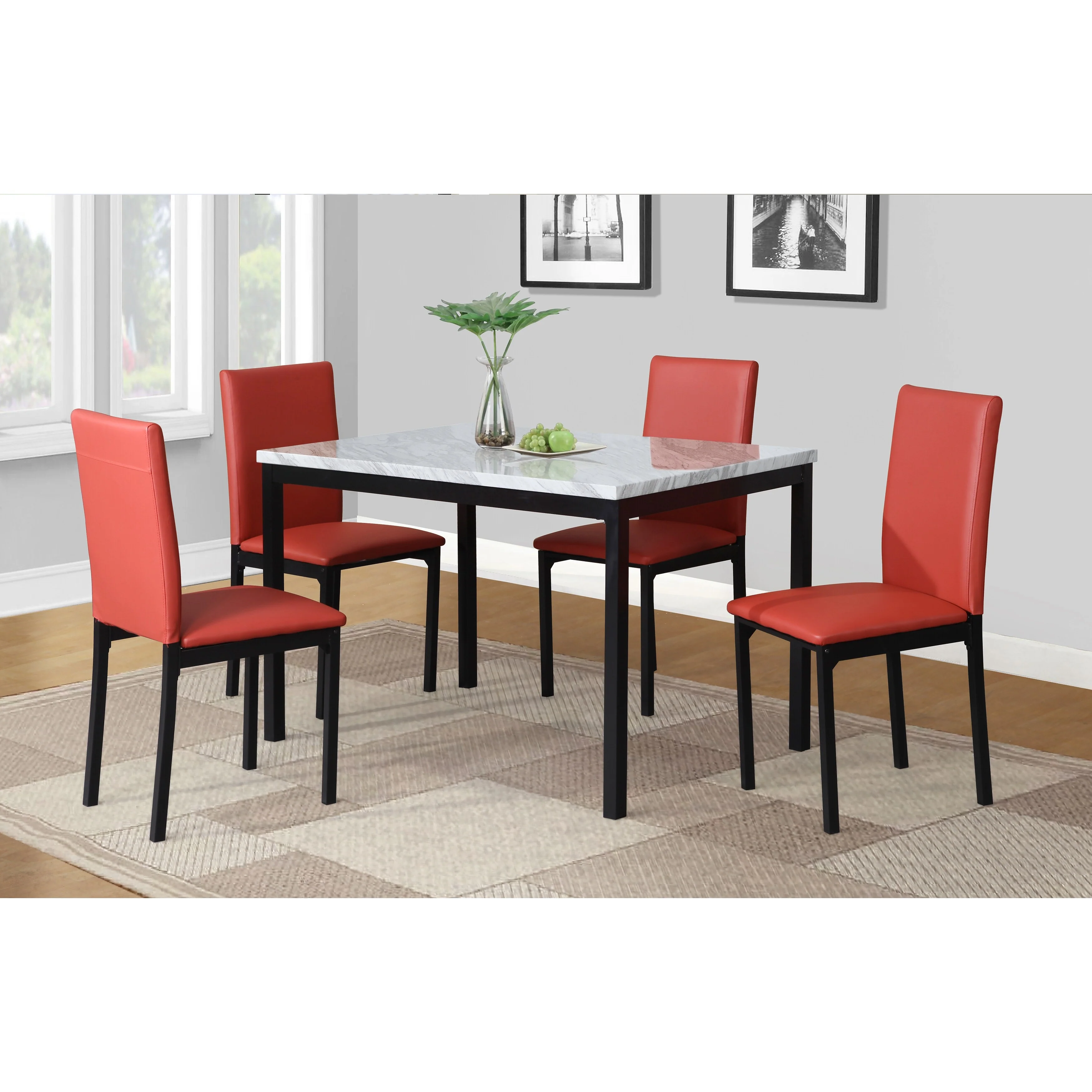 5 Piece Dining Table Set for 4, Faux Marble Dinette Table w/4 Chairs