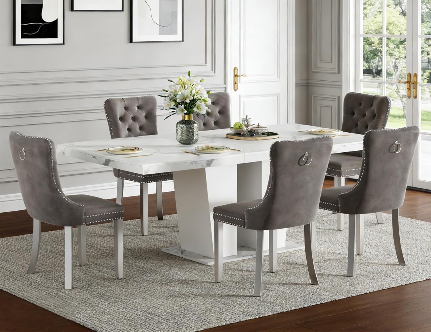 Henf 7 Pieces Faux Marble Dining Table Set for 6, 63-79 Extendable Dining Room Table and 6 Grey Tufted Chairs Set for 6, Modern Large Expandable Kitchen Table with White Double Columns Base