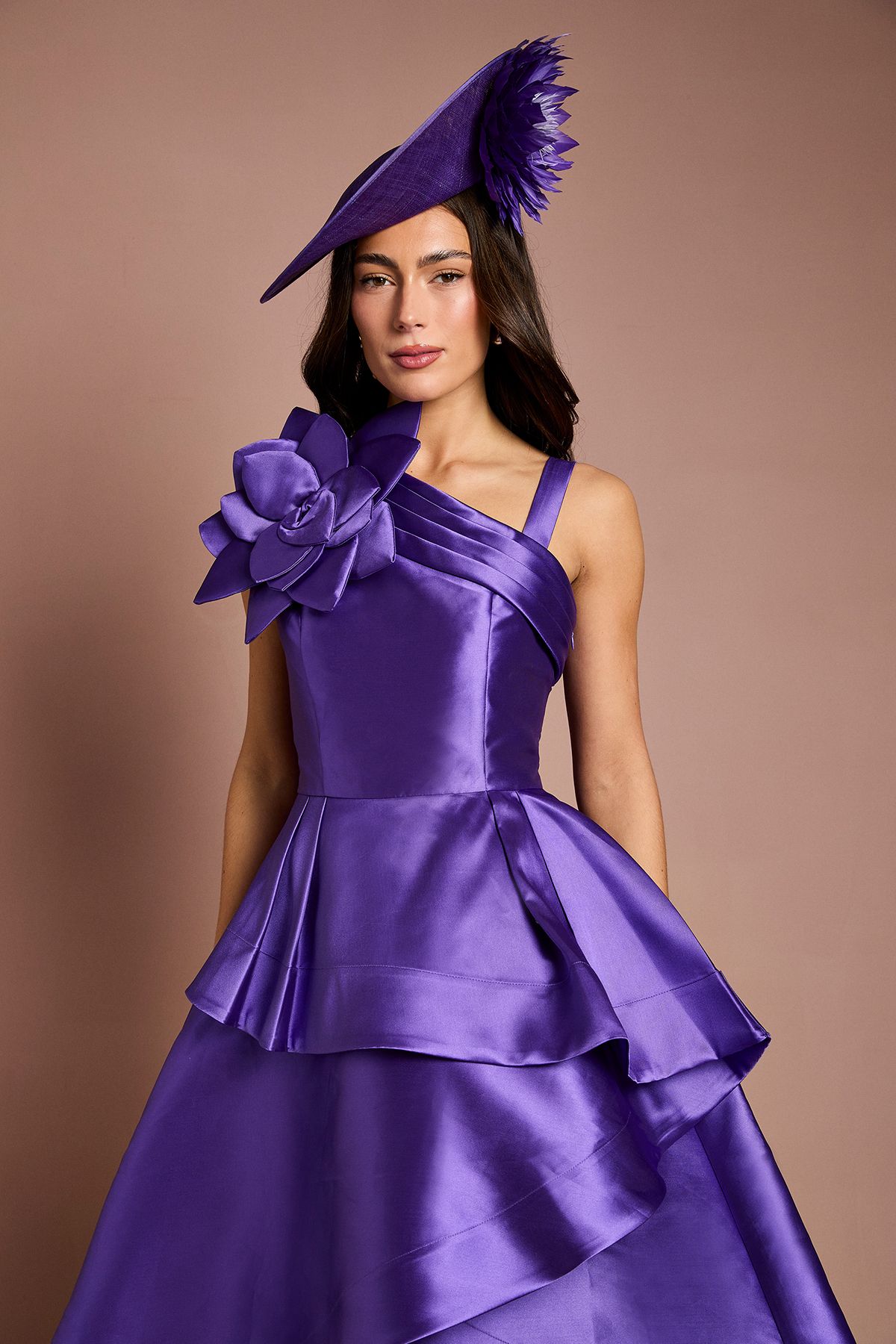 Coast Lisa Tan 3D Corsage One Shoulder Twill Midi Dress