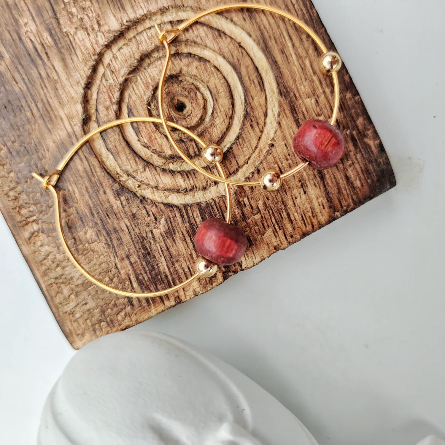 The Colourful Aura Red Sandalwood Beaded Dangle Hoop Earrings