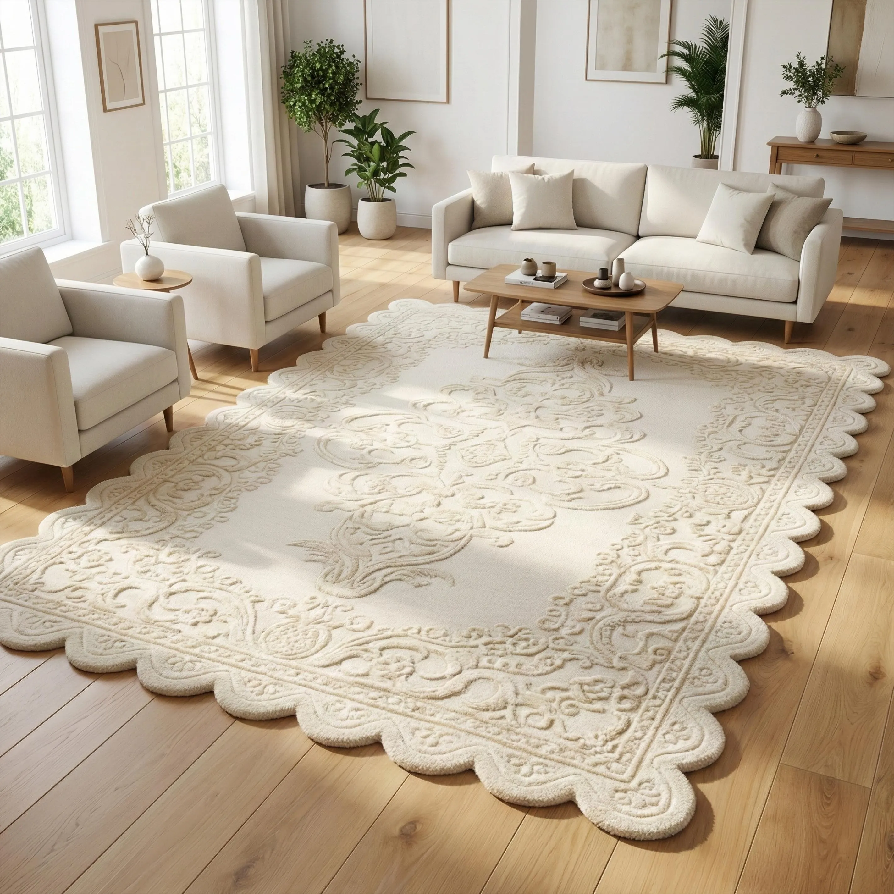 Floral Wool Rug | Ivory Scalloped Hand Tufted Area Rug | Modern Ornamental Living Room Rug | Custom Size