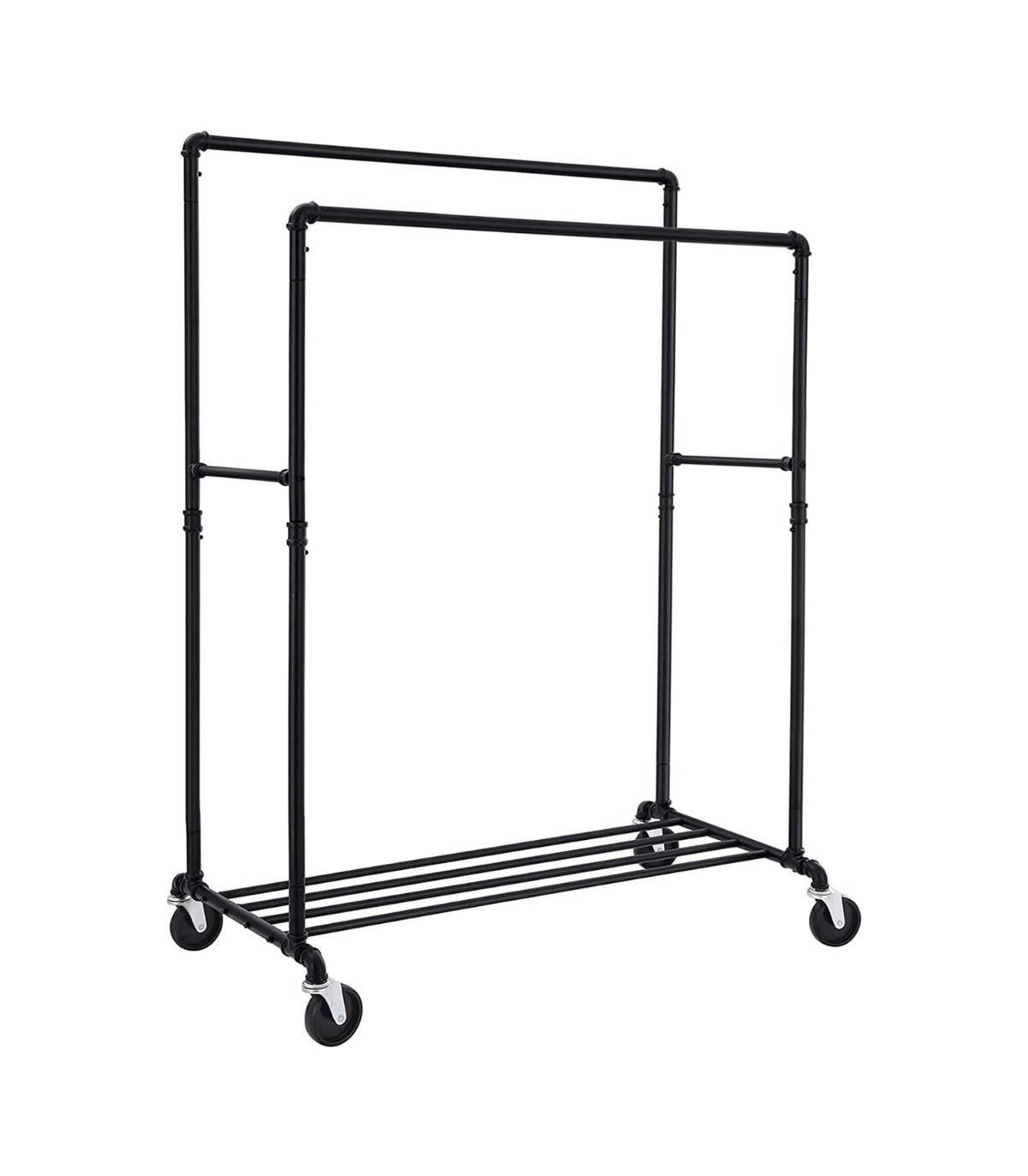 DOUBLE TRINGLE - Portant à vêtement double tringles et étagère sur roulettes