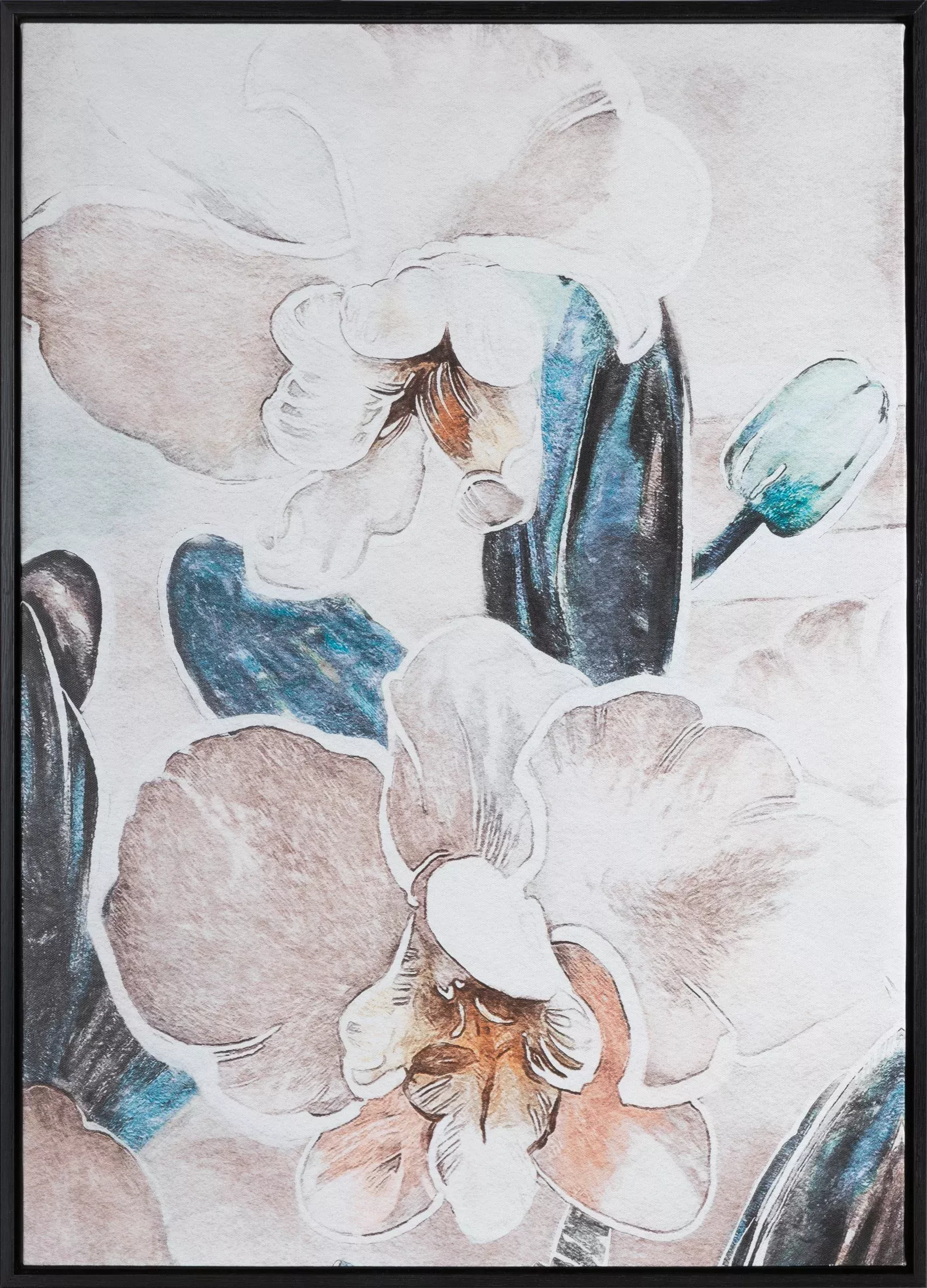 Obraz z kwiatami beżowo, turkusowy nadruk delikatnych storczyków na płótnie oprawiony w ramę 50x70 cm