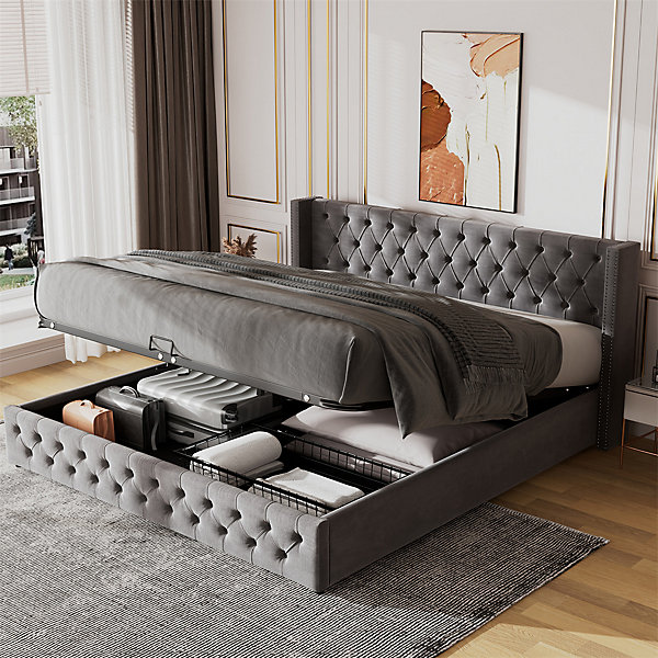 Lit adulte lit coffre lit rembourré hydraulique lit de rangement lit 180x200 cm lit en métal lit double velours gris