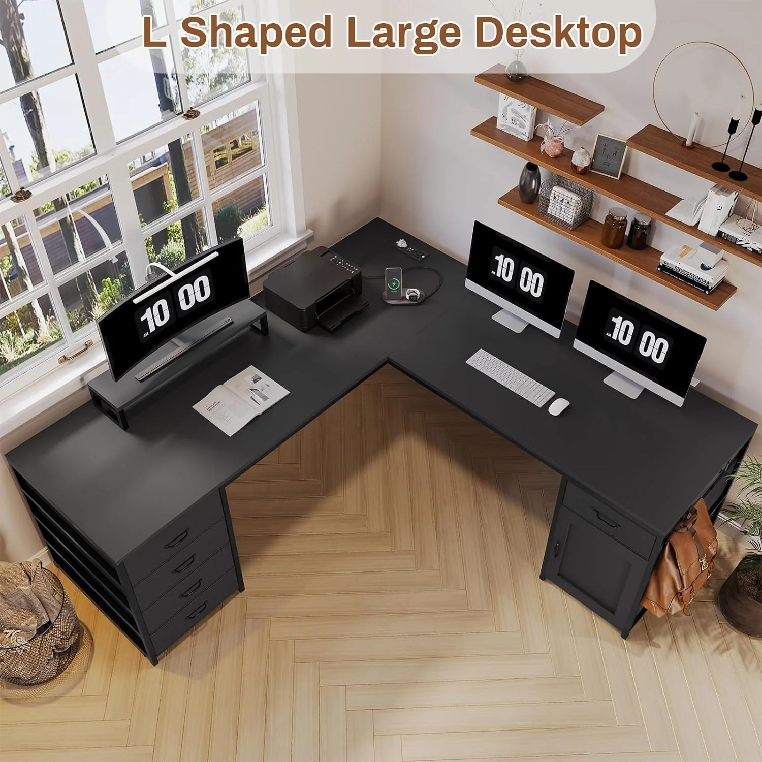 L Shaped Desk, 63 Computer Desk 5 Drawer & Power Outlet