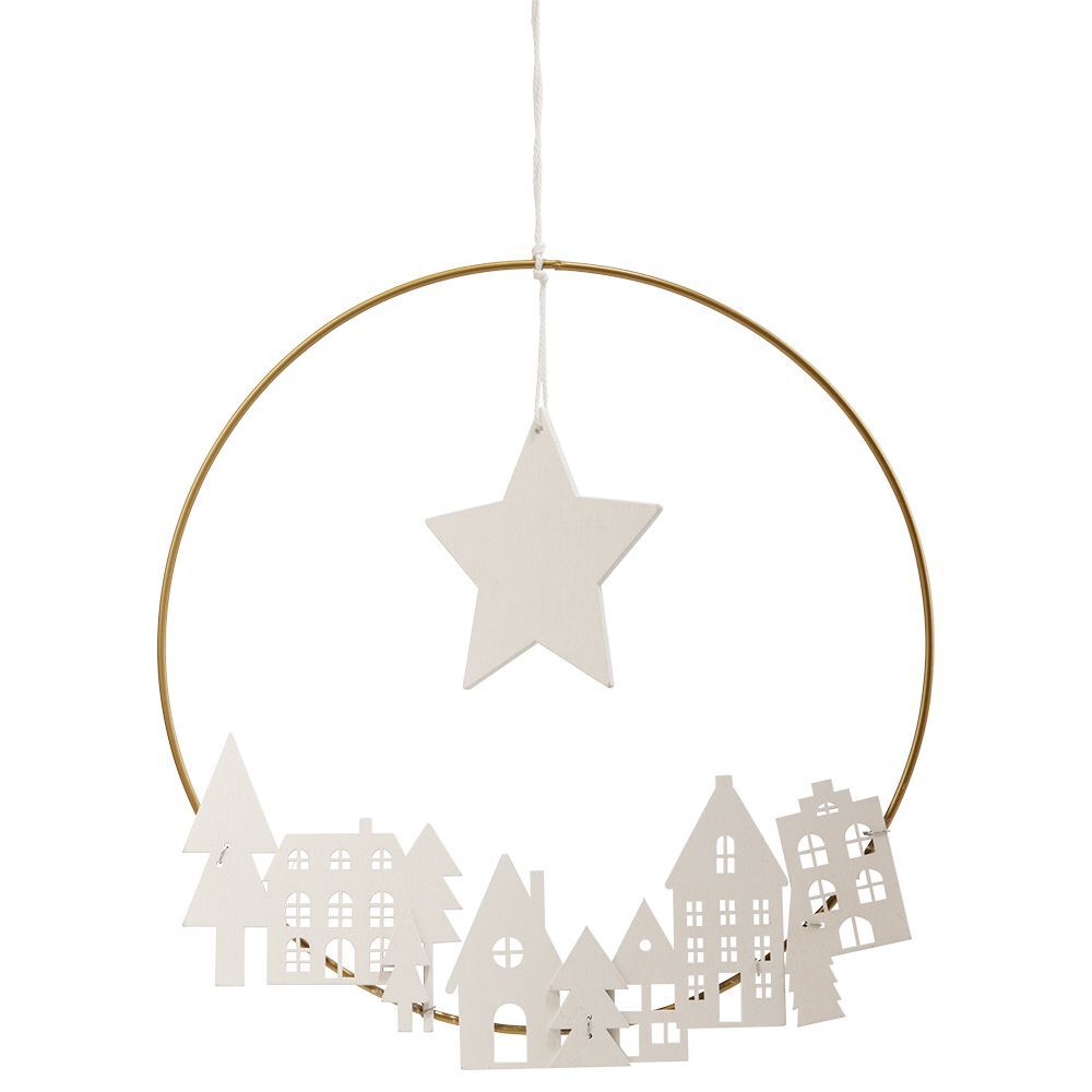 Couronne de No&euml;l en métal doré décor chalet et étoile bois blanc Ø26cm