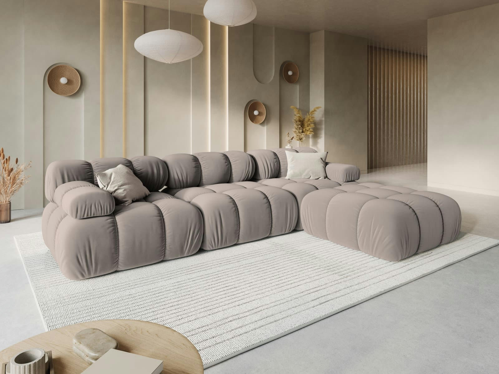 BELLIS - Canapé modulable 3 places en tissu velours beige
