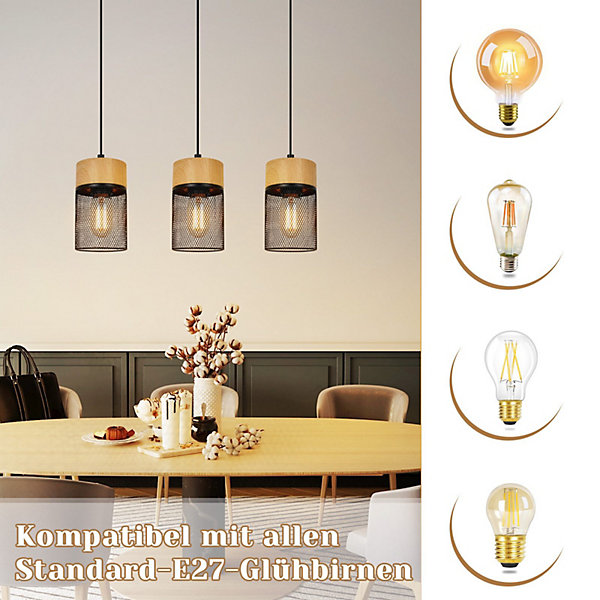 NETTLIFE Lampe à suspendre Vintage Bois veiné Table à manger Noir Industriel E27 25W Suspension