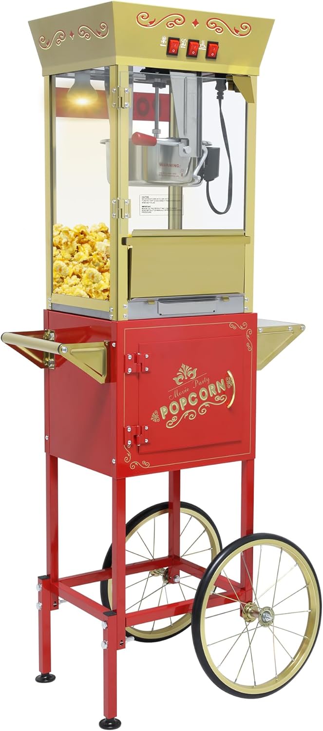 Vintage Commercial Popcorn Machine with Cart & Warmer Light - 12oz Stainless Steel Popper Makes 60 Cups for Home Theater and Parties, Red