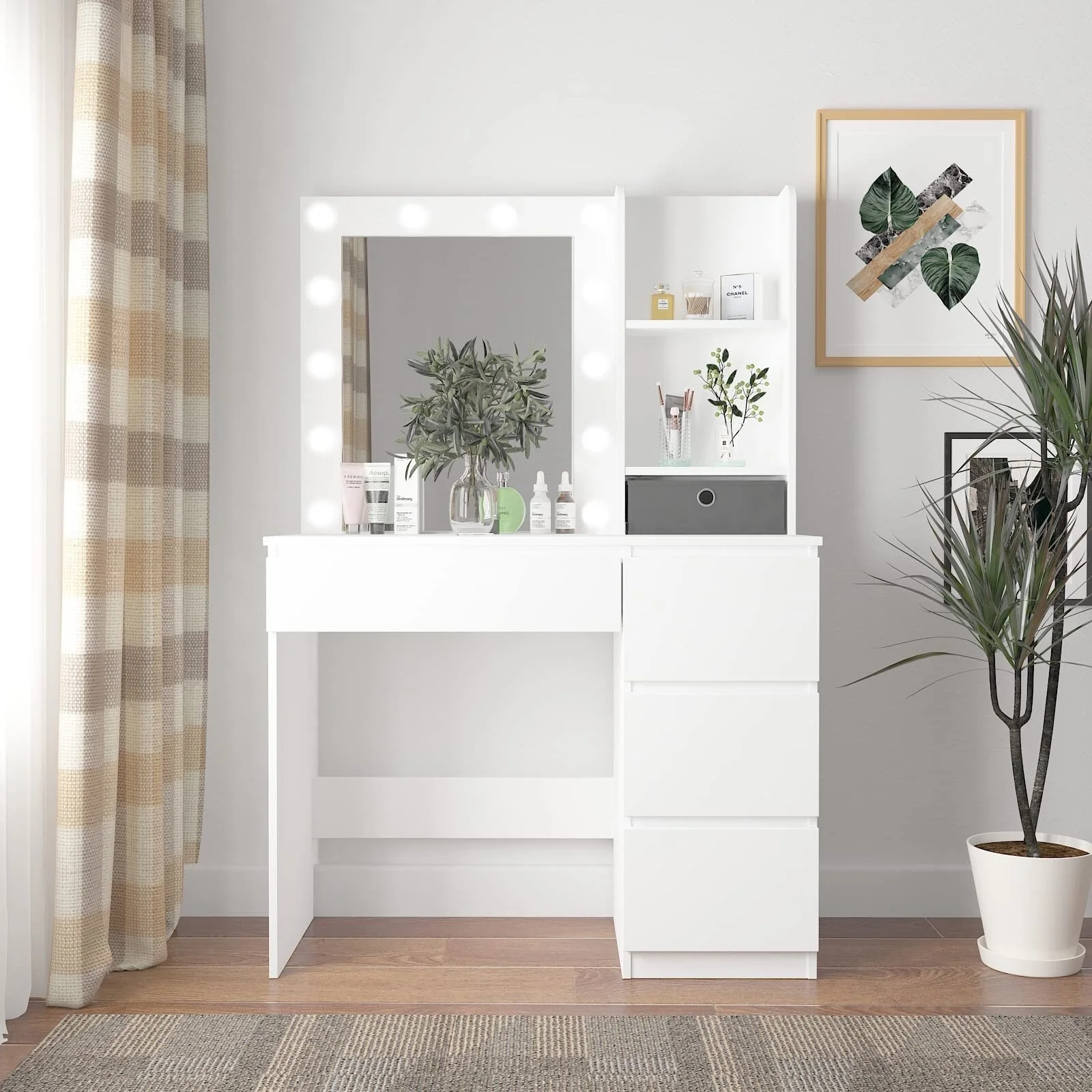 White LED Makeup Vanity Desk with Mirror 4 Drawers 3 Lighting Modes Adjustable Brightness Dressing Table