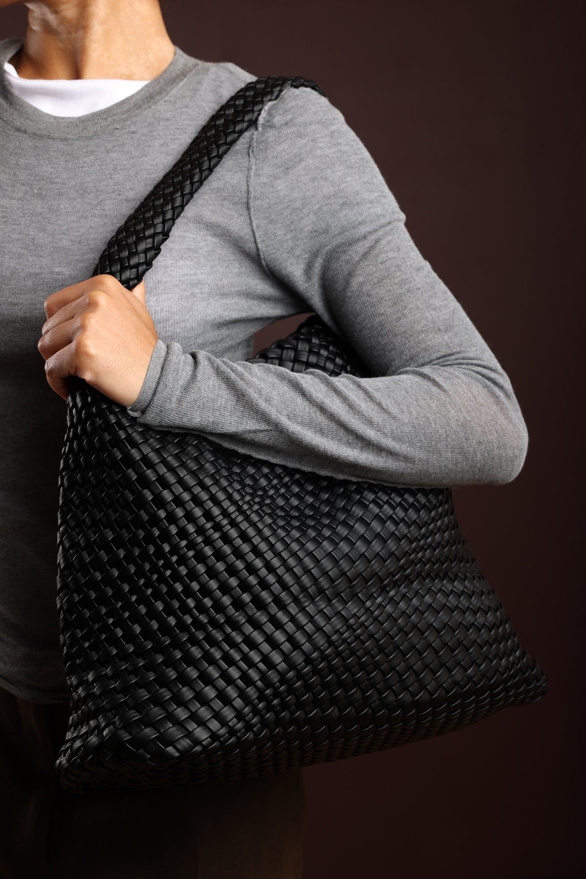Where's That From Stone' Weave Detail Faux Leather Shoulder Bag