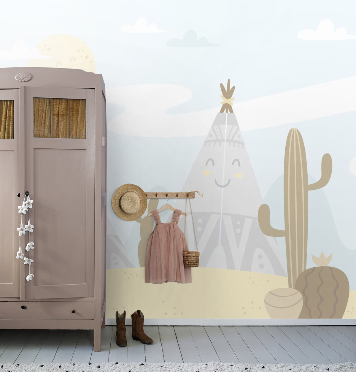 Sanders & Sanders fotobehang woestijn met cactussen lichtblauw en beige - 375 x 270 cm - 600984