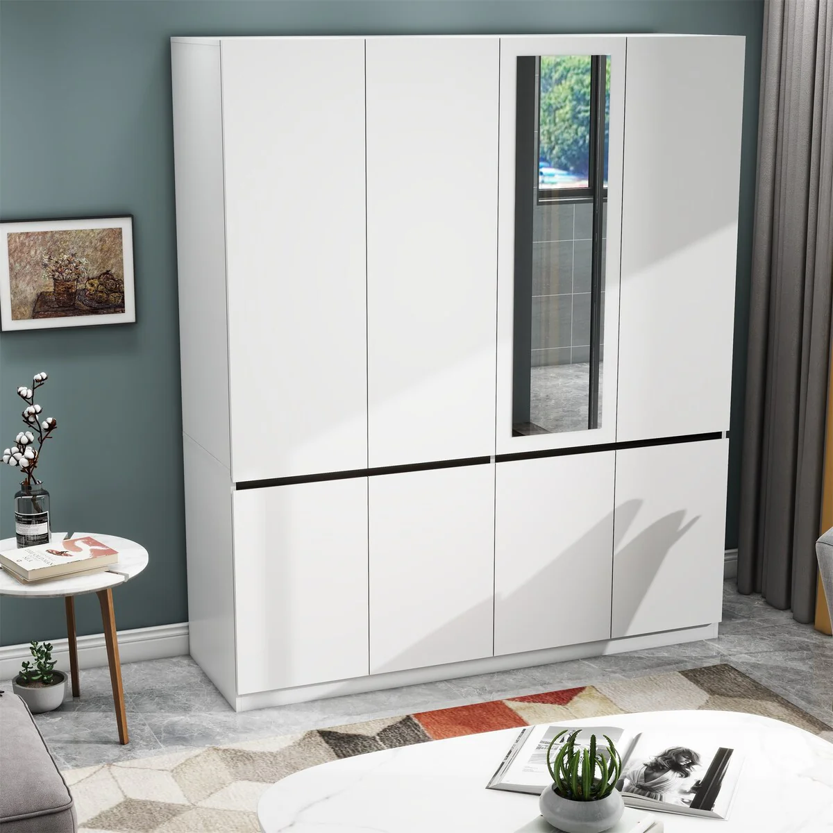 Four door modern pull free silver mirror closet