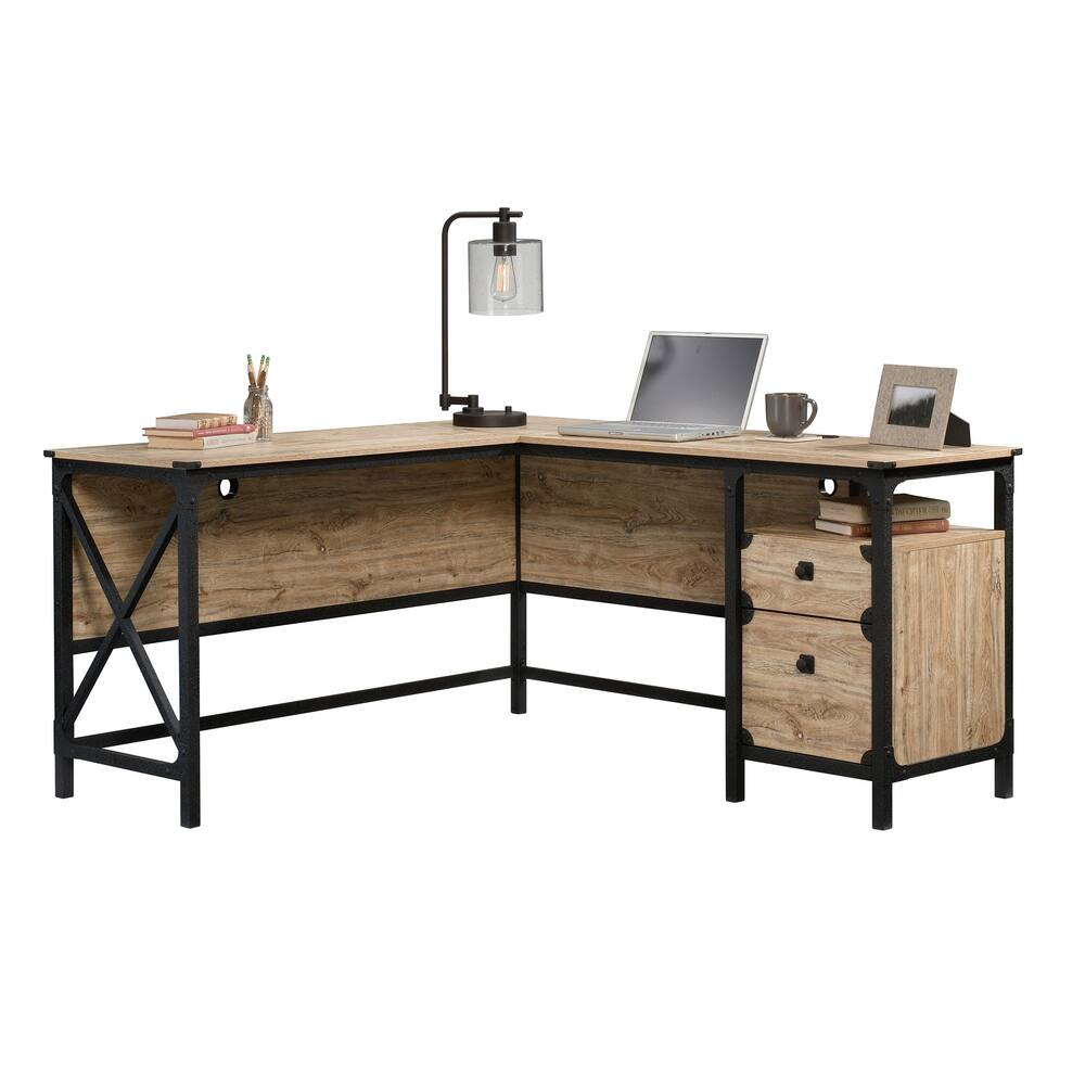 Sauder Steel River Home Office L-Desk with Drawers, Milled Mesquite