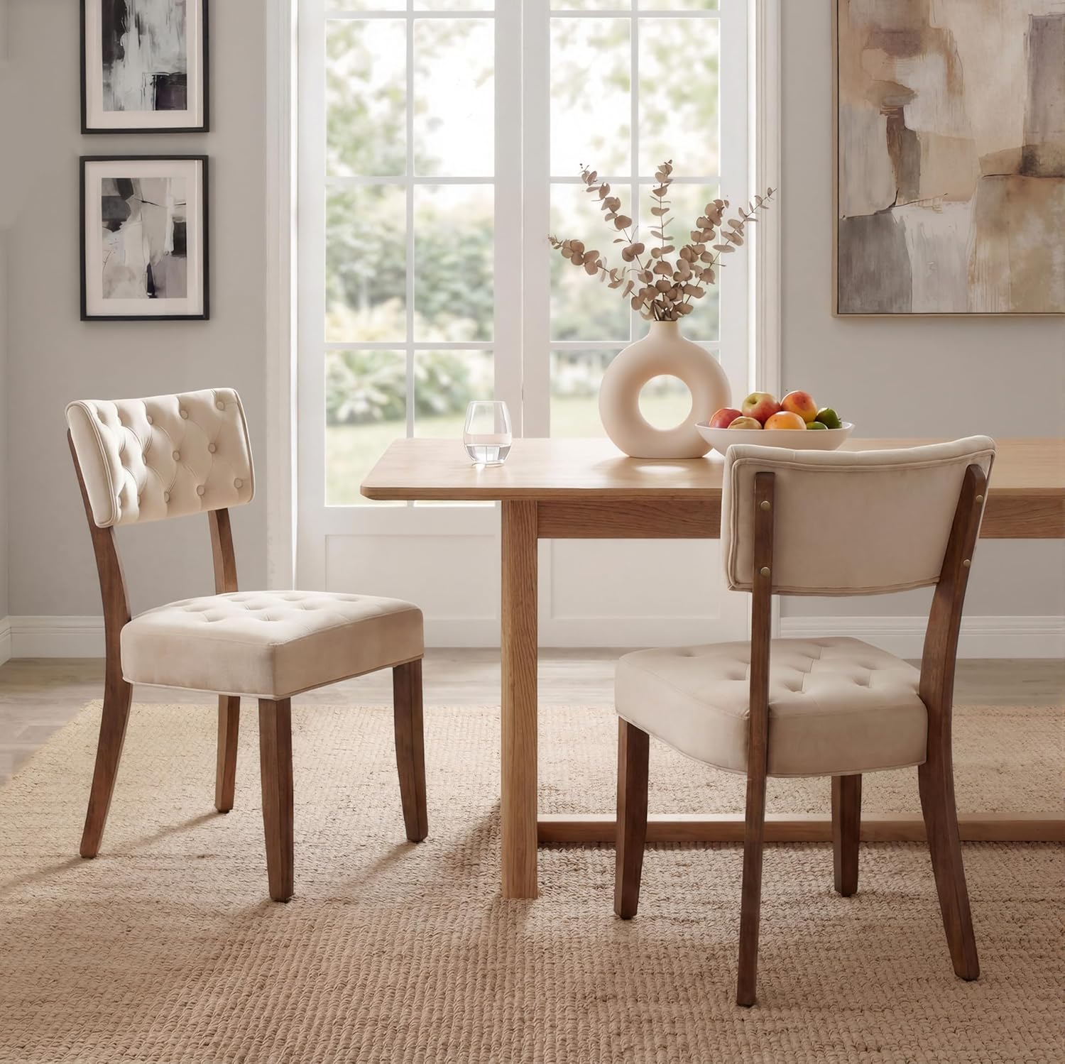 UVV Wooden Dining Chairs Set of 4, Mid Century Tufted Upholstered Kitchen Chairs Dining Room Chairs, Velvet Farmhouse Dinner Chair for Kitchen Dining Room, Beige