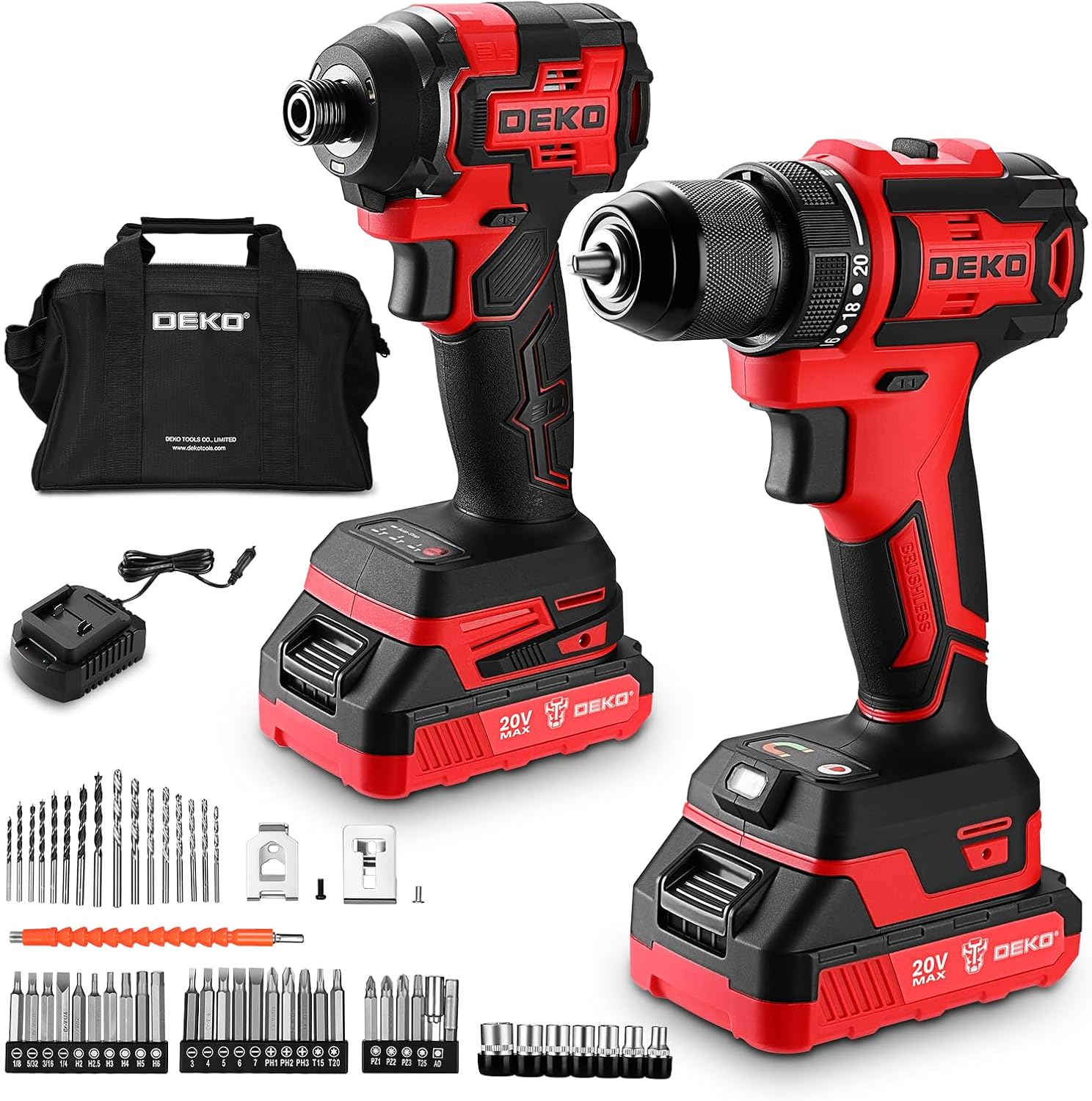 Cordless Drill & Impact Driver: DEKOPRO 20V Brushless Power Drill and 20V Brushless Impact Driver Set, Power Tool Set with 2x2.0Ah Batteries, Charger, Bag & 52xAccessories-Red