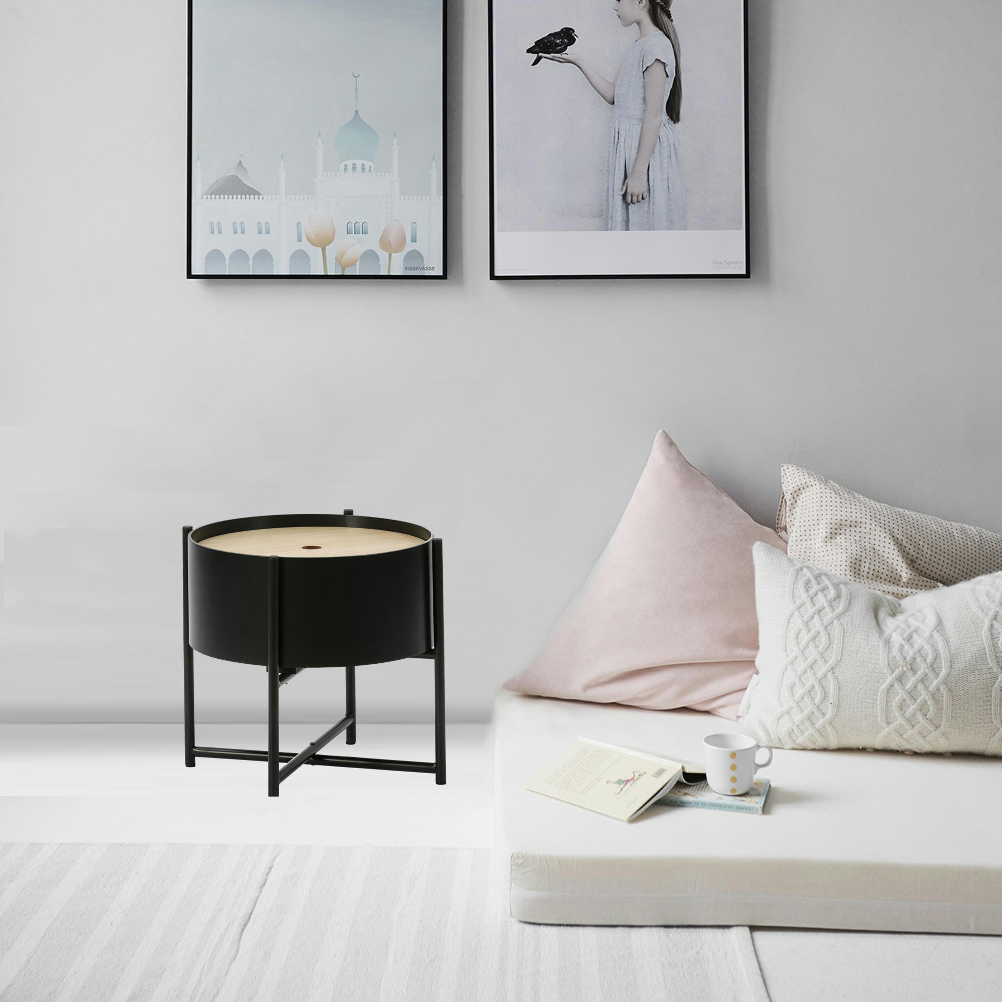 COBE - Table basse couleur noir, plateau en bois naturel, pieds métalliques