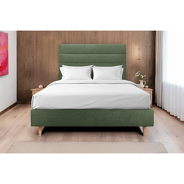 Lit avec tête de lit lignes tissu et sommier tapissier- Lit en bois massif