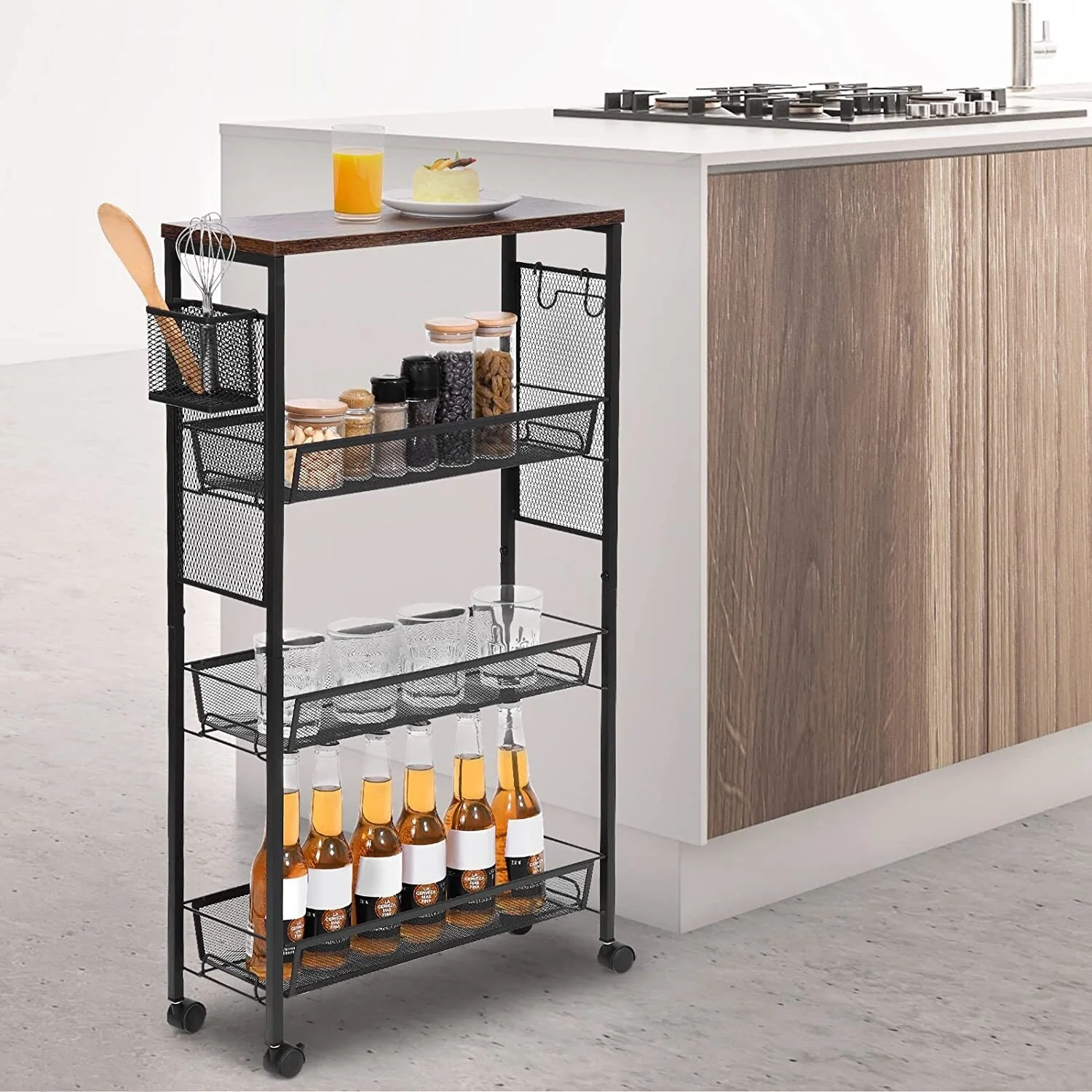 Kleio Wood Kitchen Cart 4-Tier Storage Mobile Utility with Wheels and Baskets