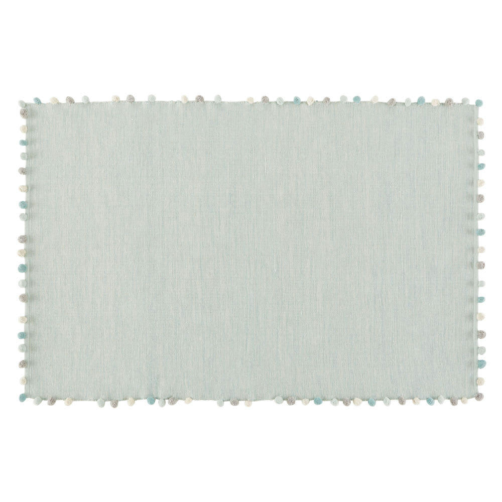 BUCOLIQUE - Tapis enfant en coton vert à pompons 120x180