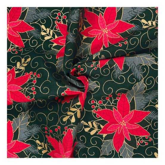 Green Poinsettia Cotton Fabric by the Metre