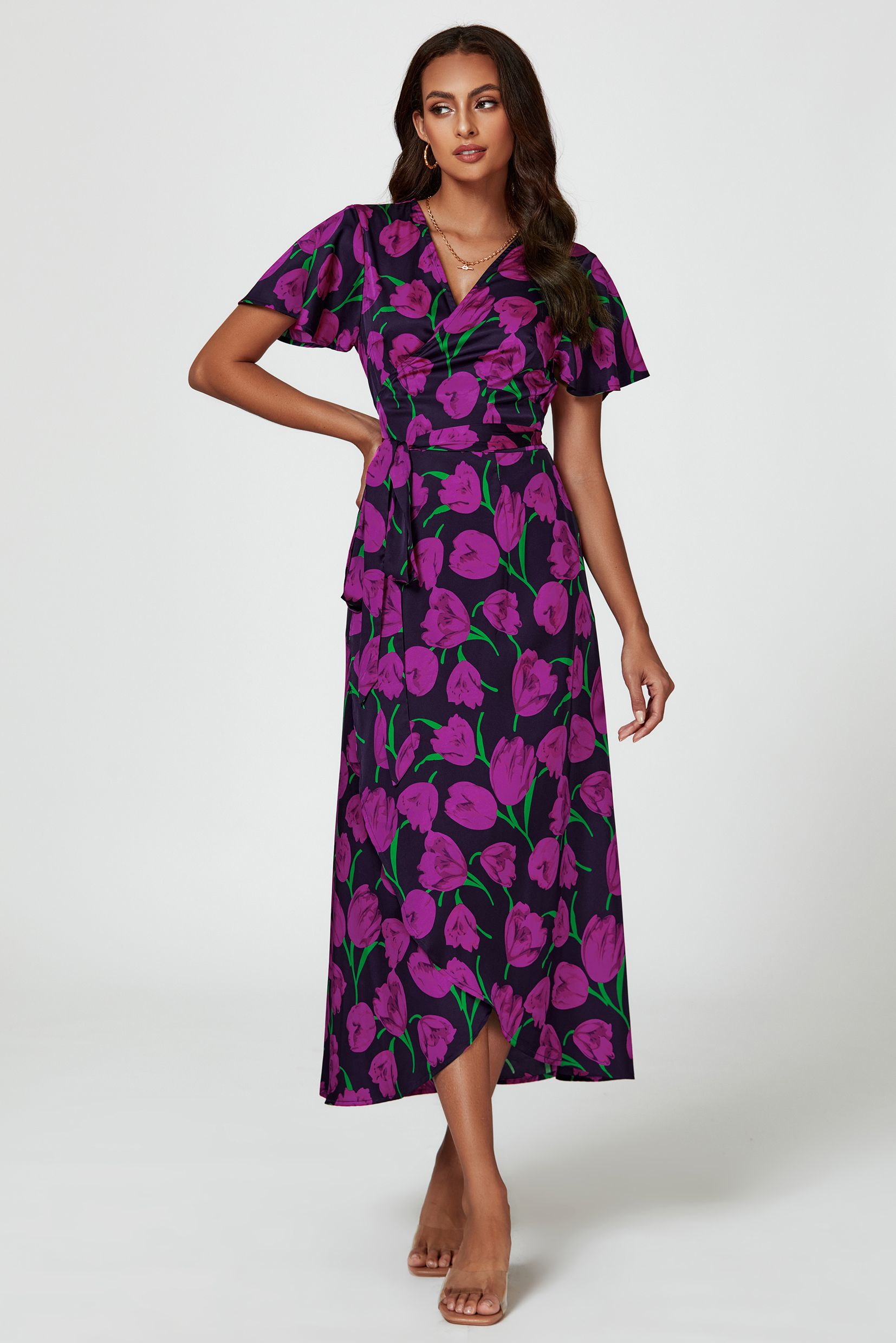 FS Collection Floral Print Satin Wrap Maxi Dress In Magenta