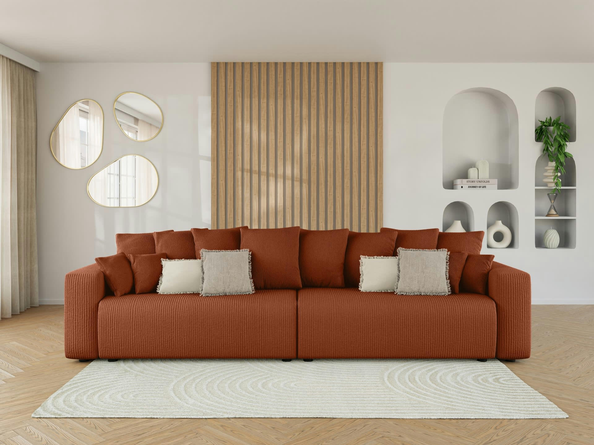 LEA - Canapé droit XL convertible en velours côtelé 5 places terracotta