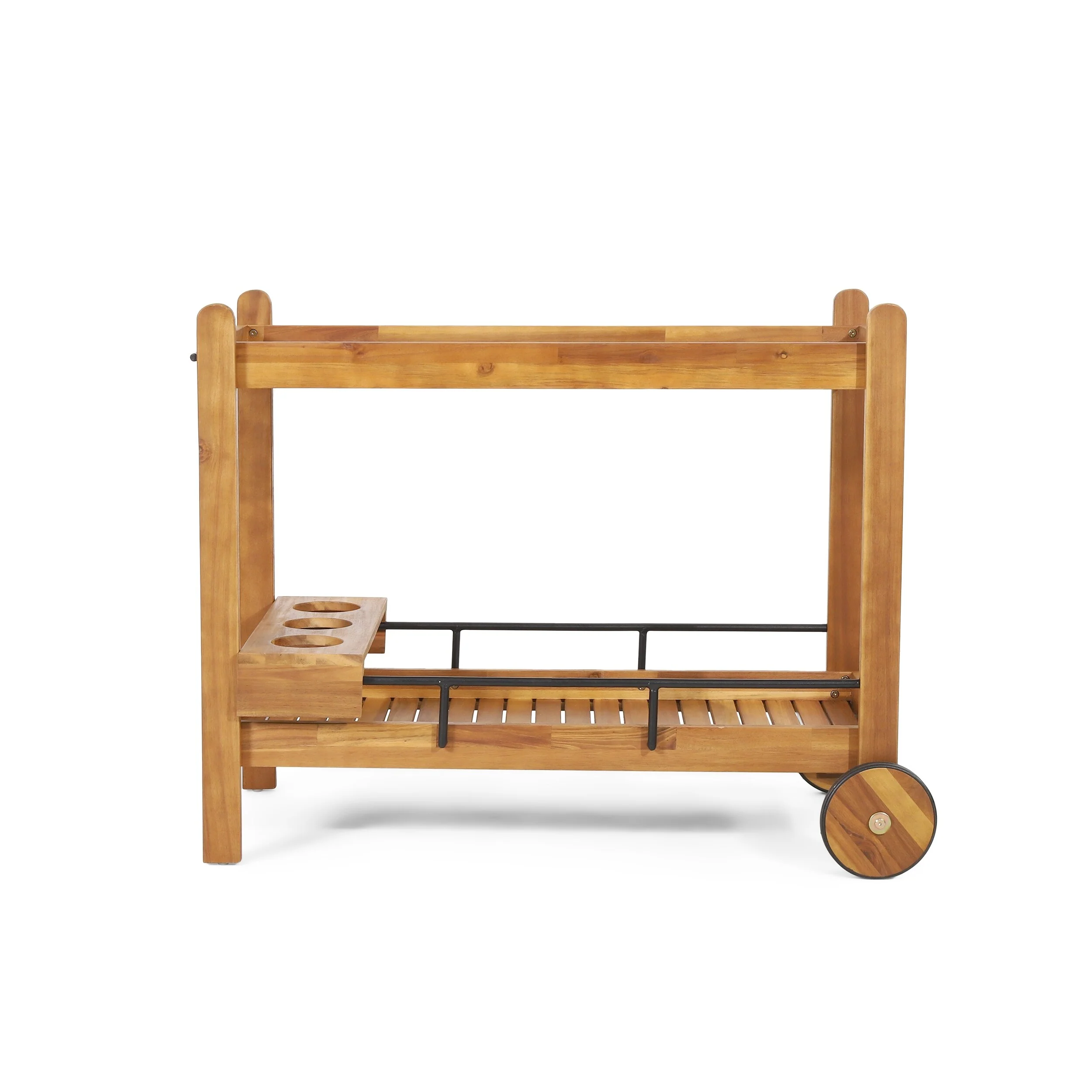 Roomfitters Outdoor Wooden Rolling Bar Cart with Wine Glass Holders and Storage Shelves, Natural Wood